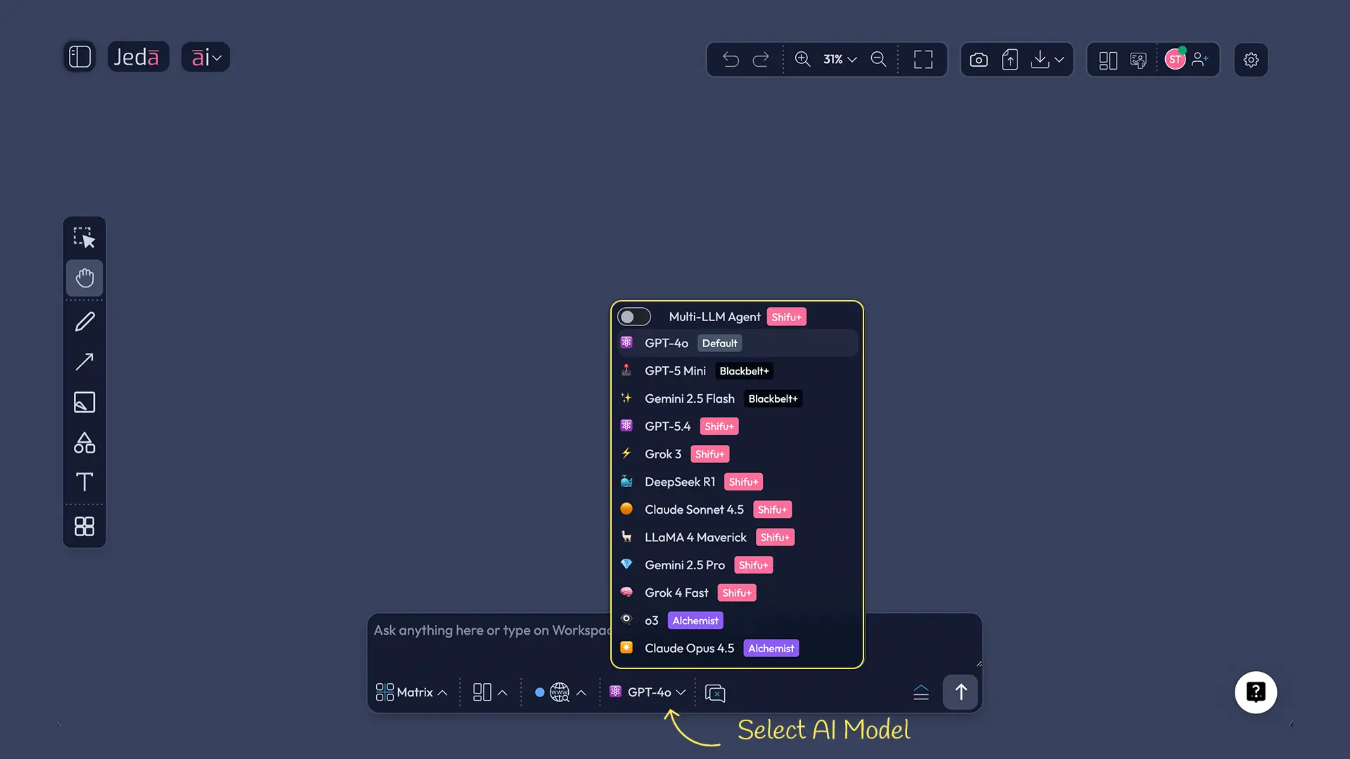 AI Model Selector showing GPT-5 Mini and Gemini models available on Black Belt plan