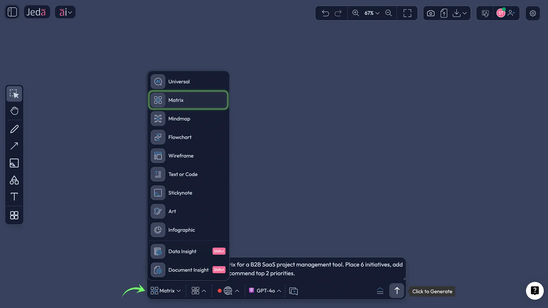 Jeda.ai Prompt Bar matrix command screenshot