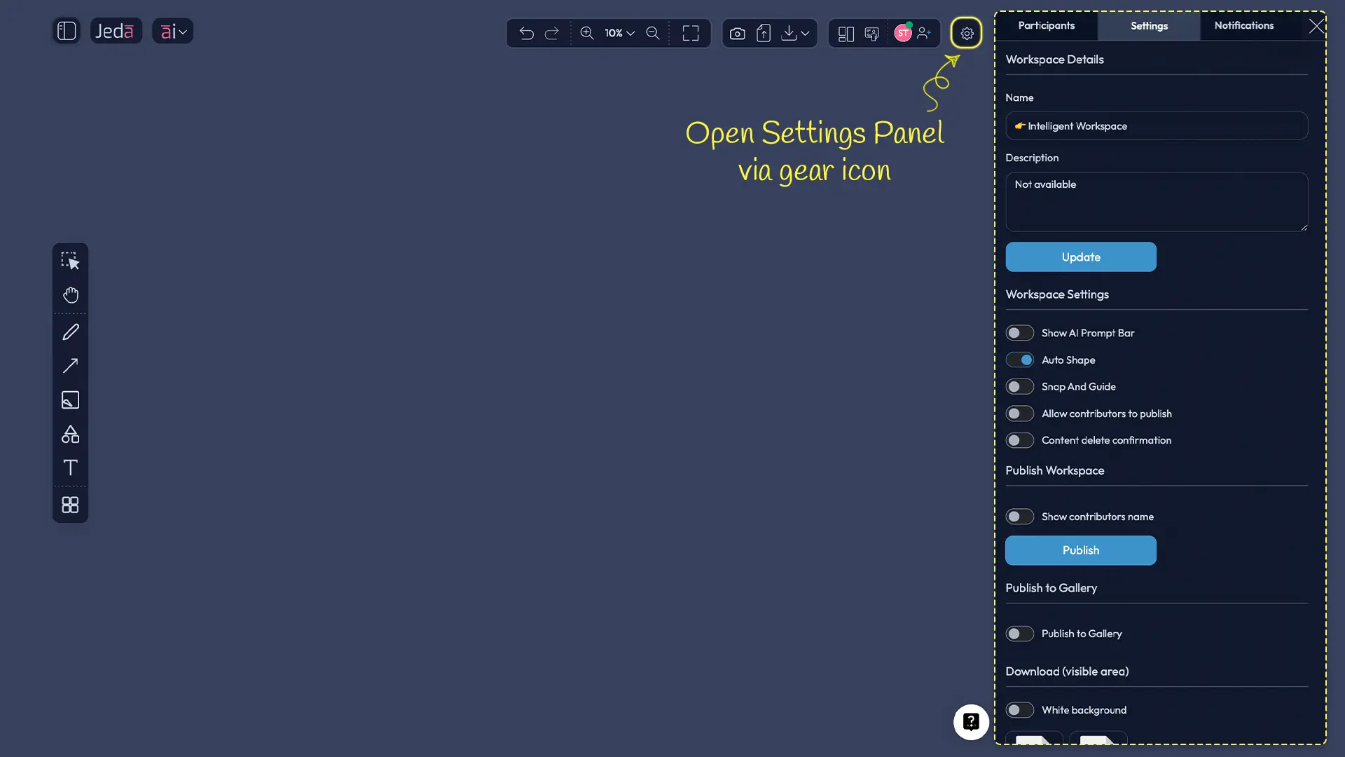 Workspace Settings panel showing Download section with White background toggle and PNG, TXT buttons