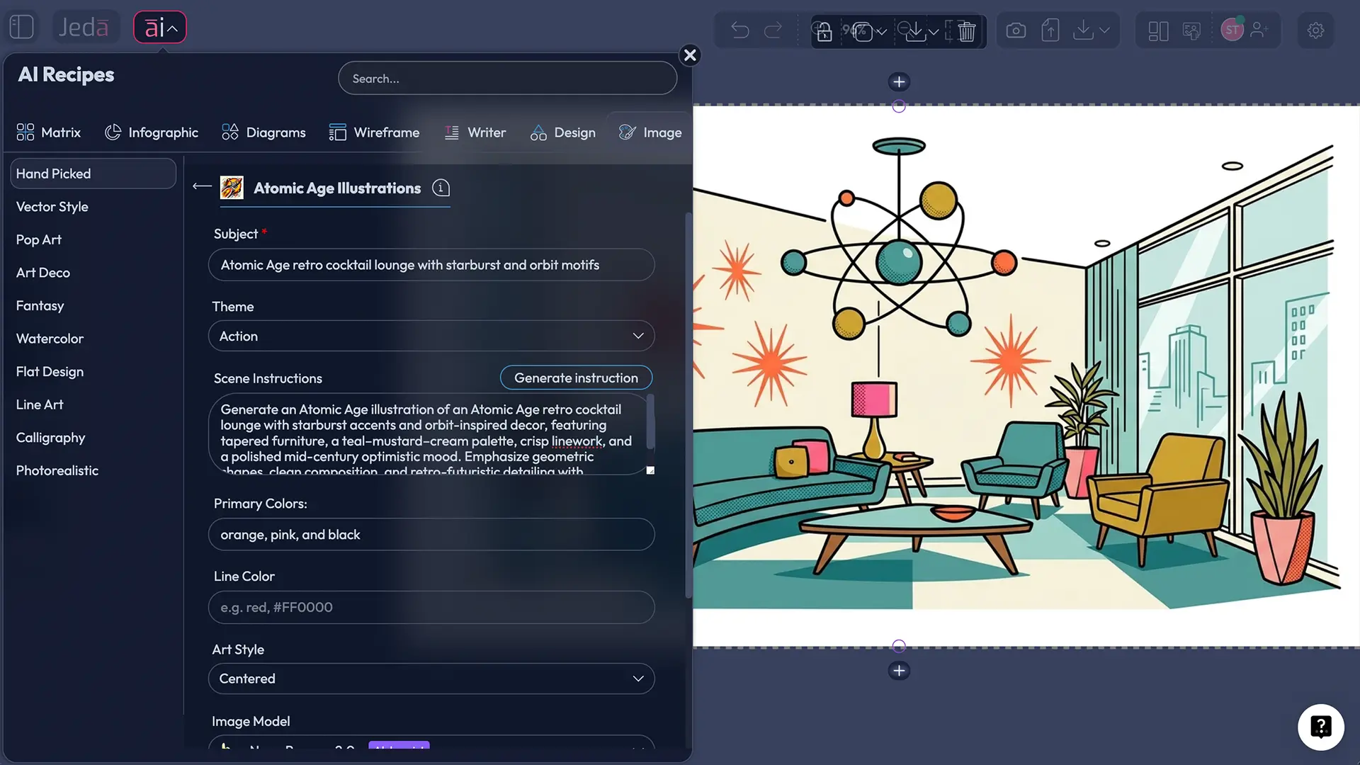 Atomic Age recipe fields in Jeda.ai workspace