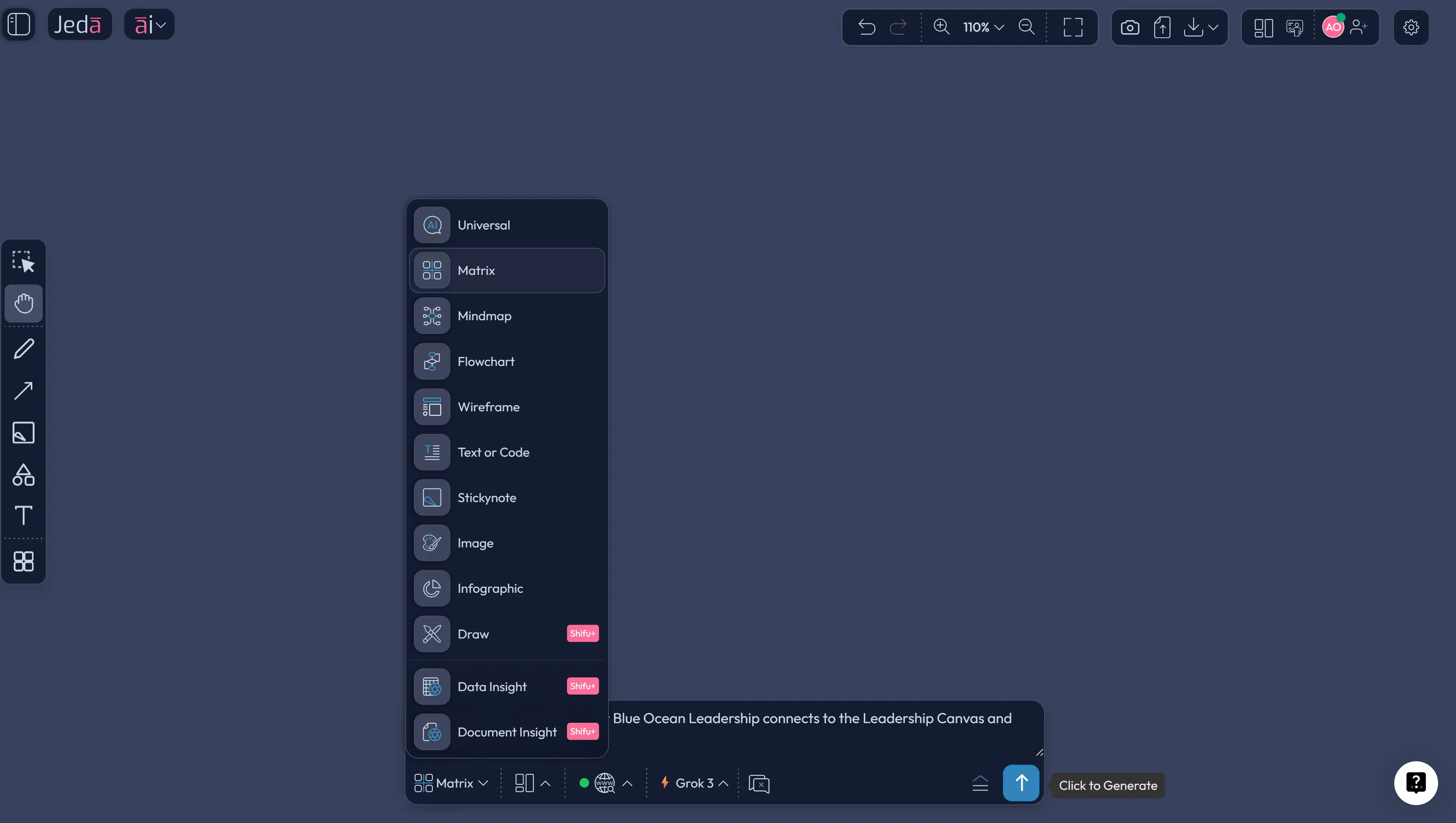 Blue Ocean Leadership prompt bar in Jeda.ai