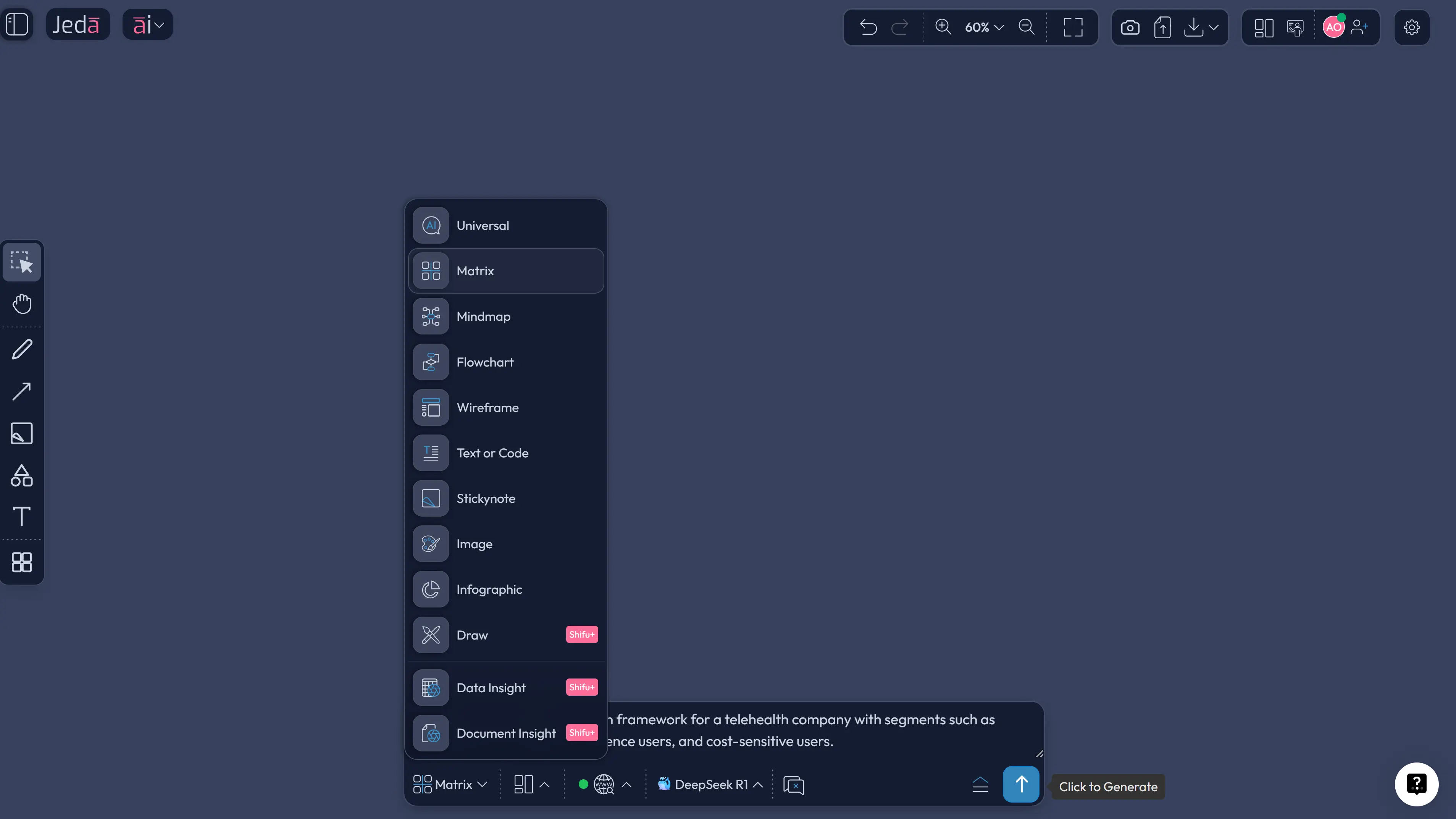 Noncustomer action framework prompt bar in Jeda.ai