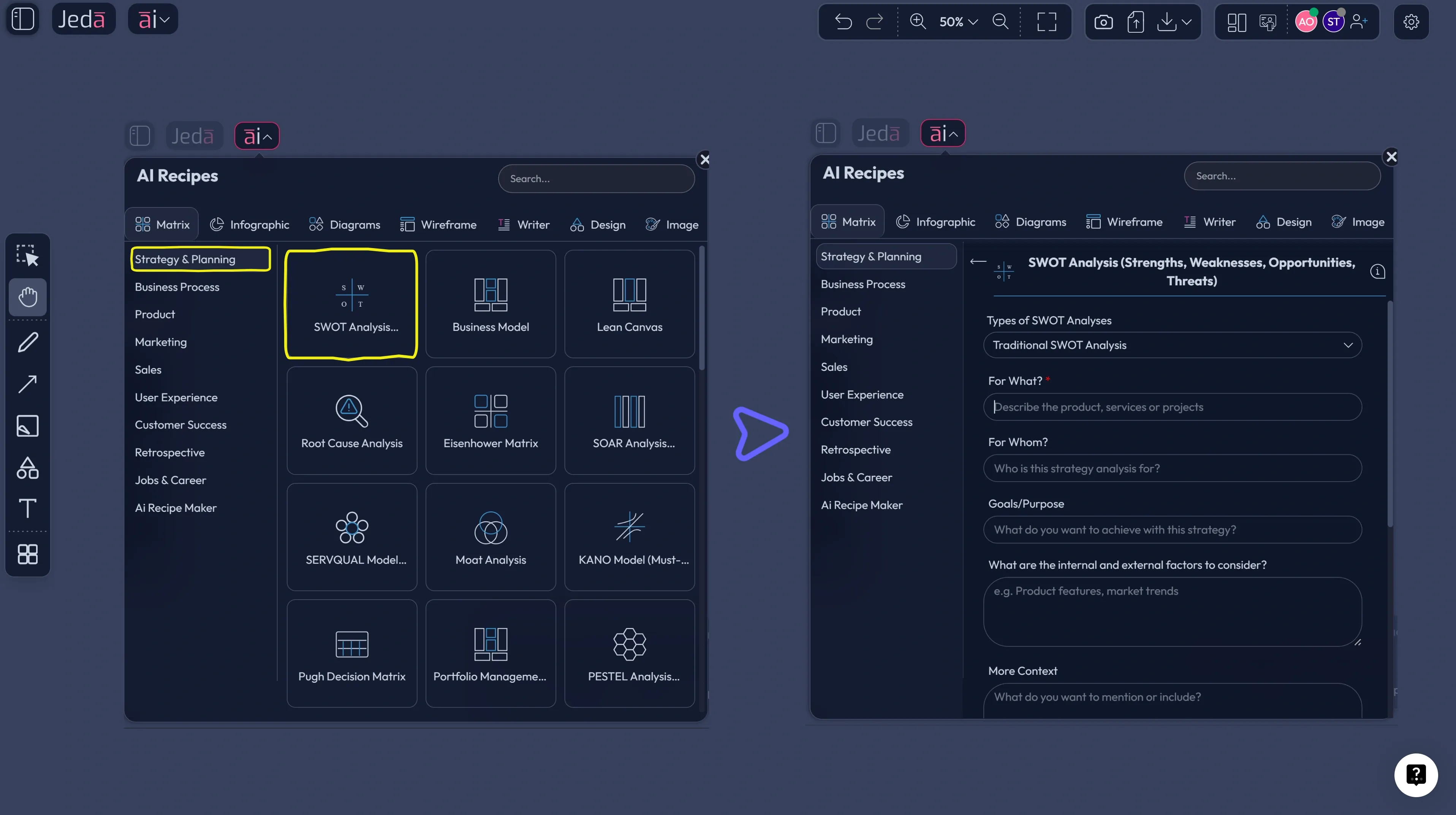 Jeda.ai SWOT analysis recipe in Matrix Recipes