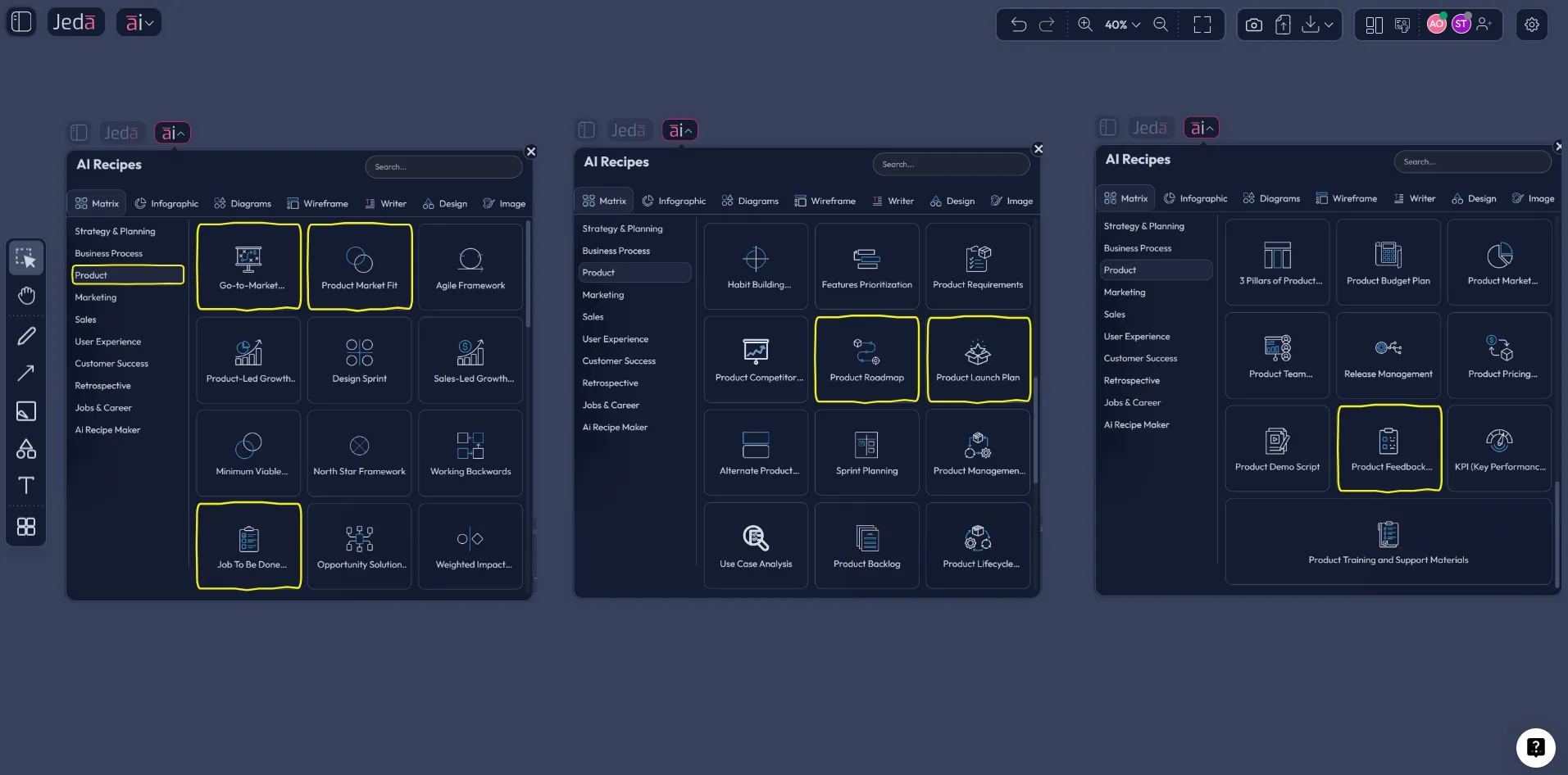 Product management frameworks recipes in Jeda.ai