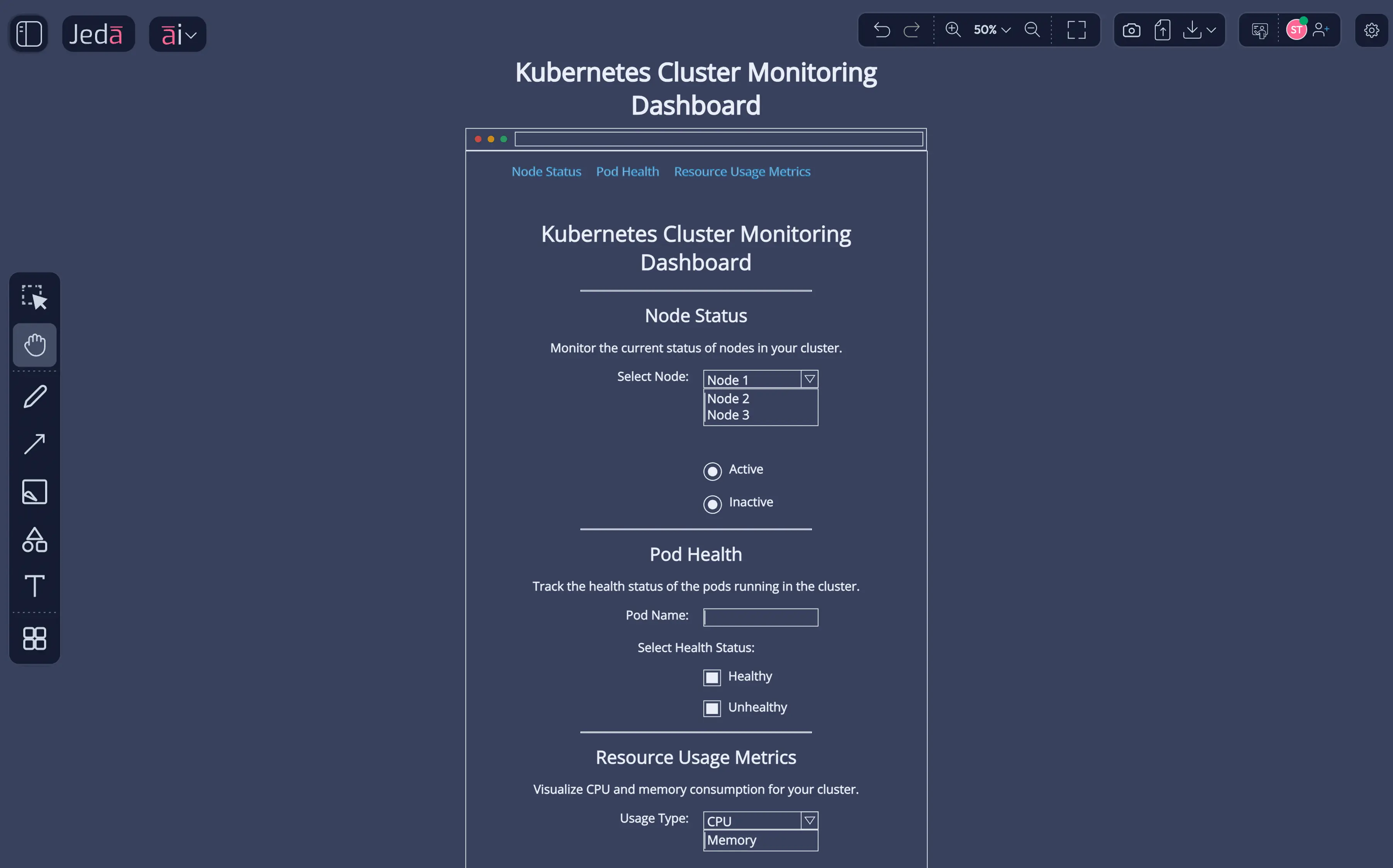 AI Wireframe For Engineering — Rapidly layout internal tool dashboards. AI that thinks WITH your team on a shared canvas.