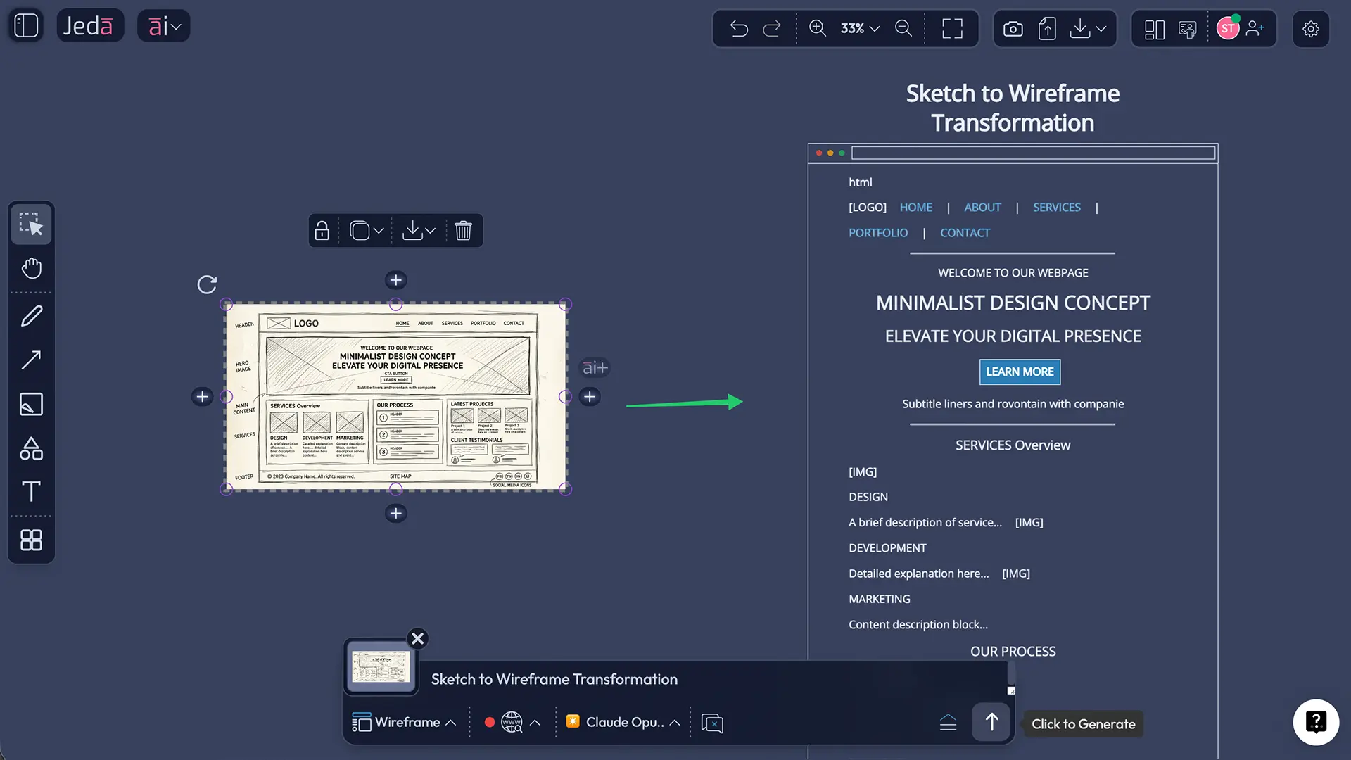 Before: Hand-drawn sketch with rough boxes and labels. After: Professional wireframe with proper layout and visual hierarchy