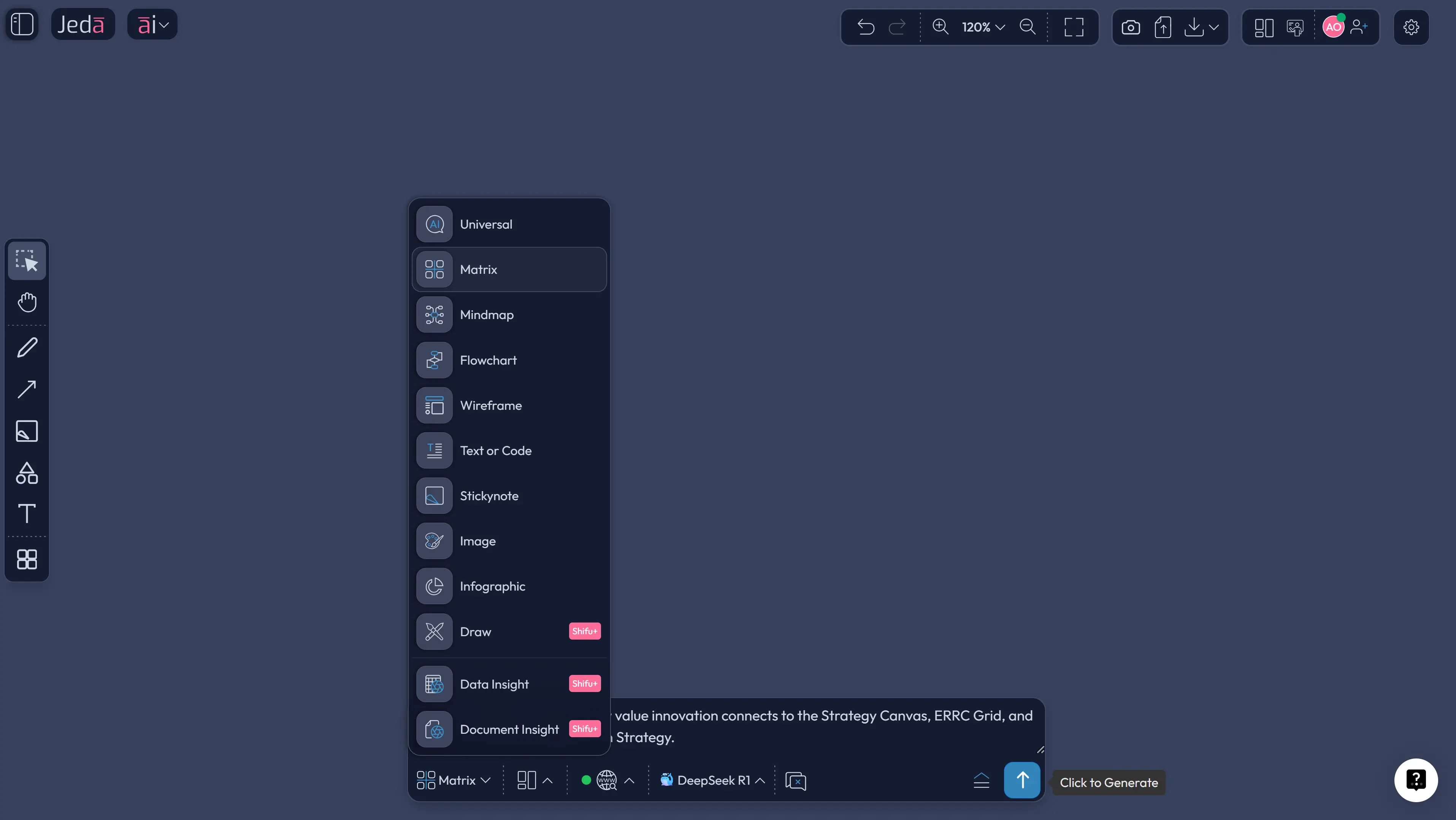 Value innovation canvas prompt bar in Jeda.ai