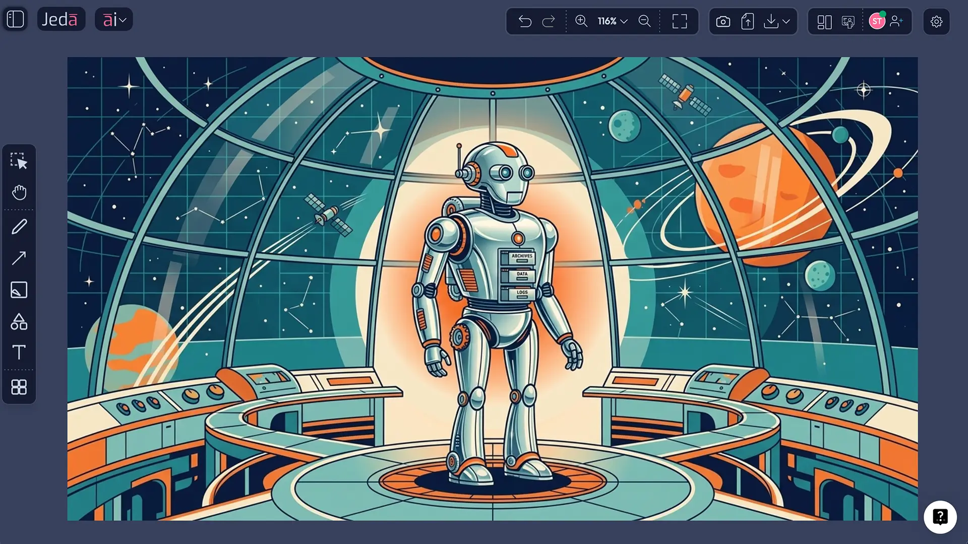 Retro Futuristic Robotics AI Art for Crisp Vector Storytelling in Jeda.ai