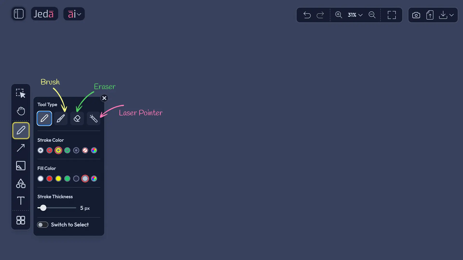 Pen tool settings panel showing four modes: Pen, Brush, Eraser, Laser Pointer with color and thickness presets