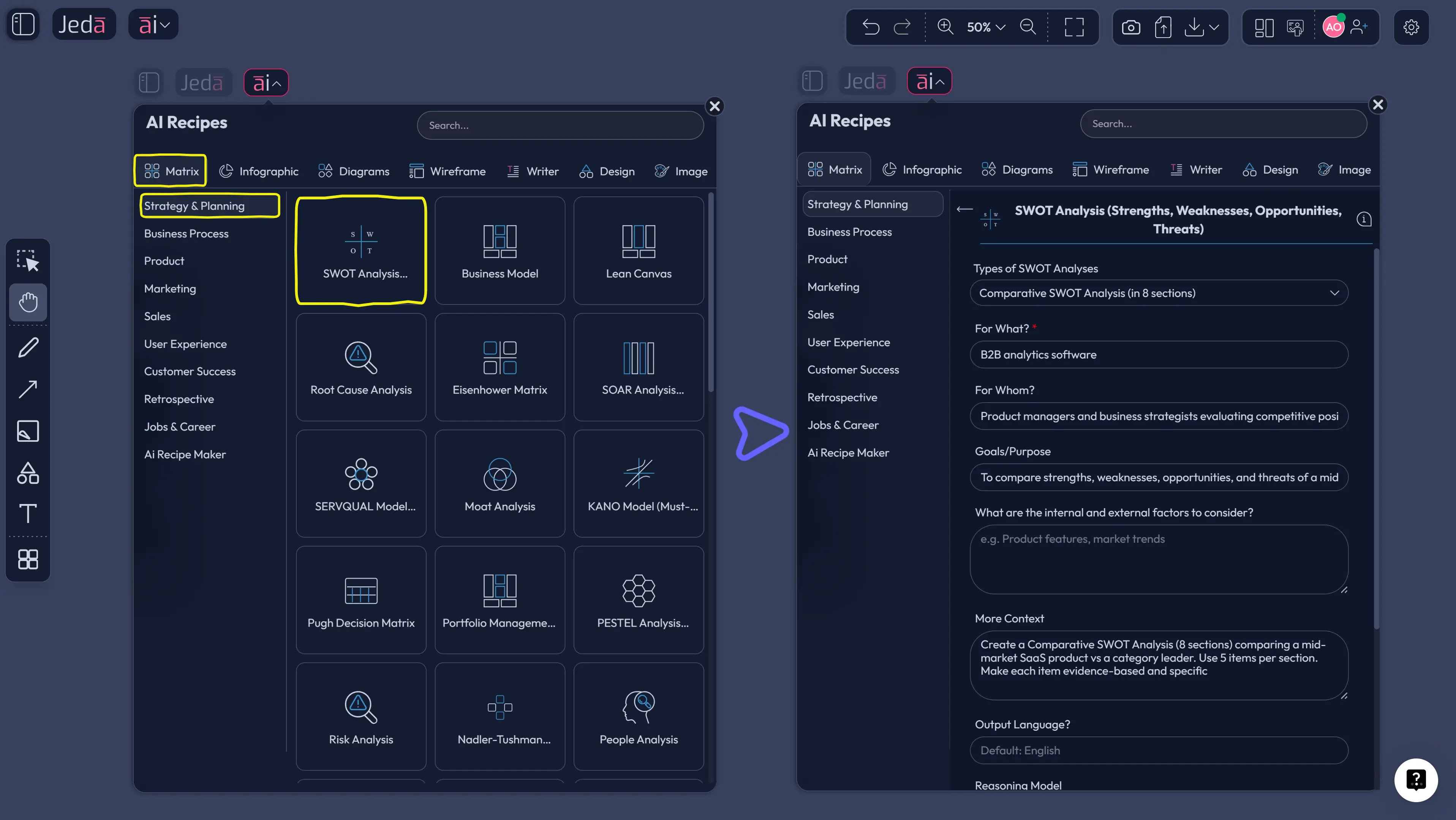 Jeda.ai AI Menu for Comparative SWOT Analysis
