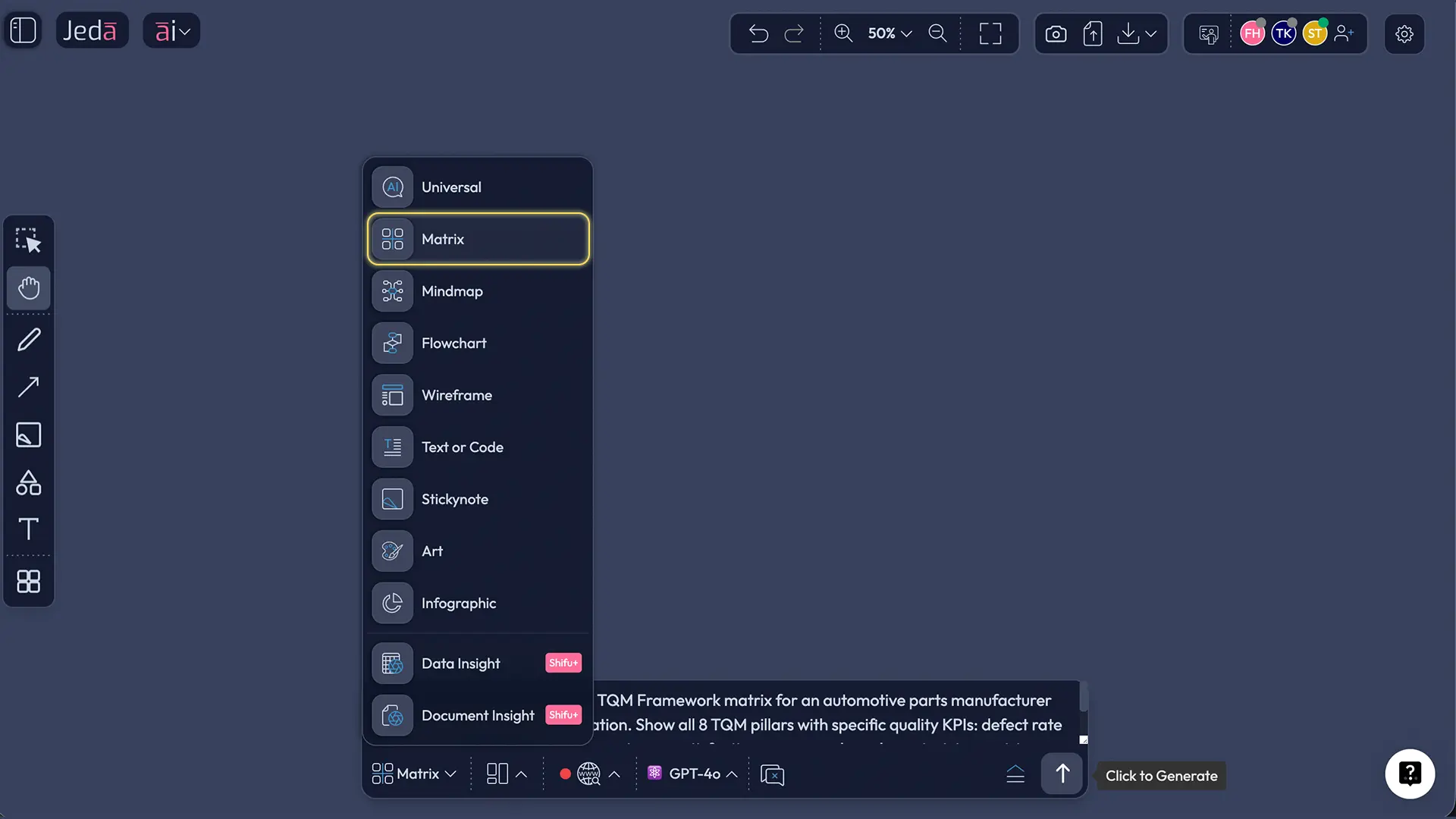 Jeda.ai Prompt Bar showing Matrix command selected with TQM framework prompt typed
