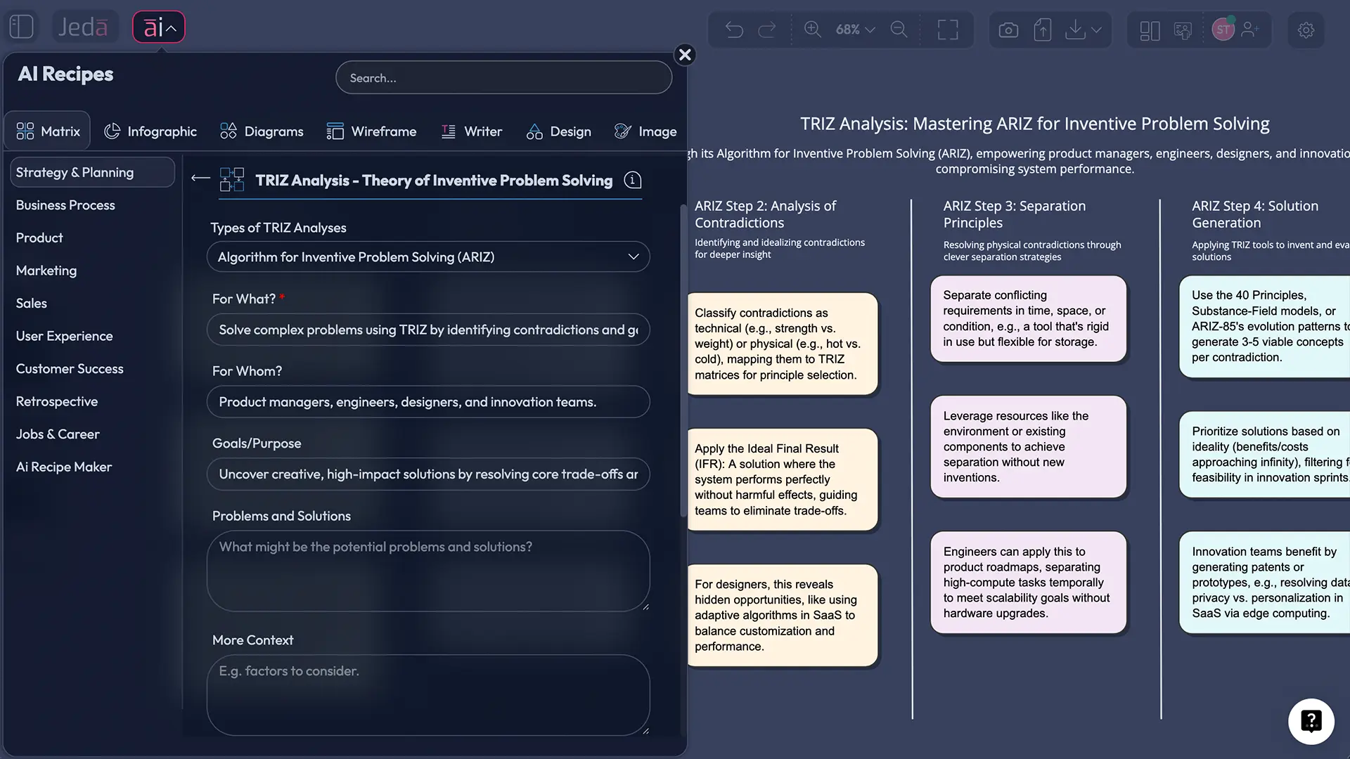 AI Recipes panel for structured Jeda.ai generation