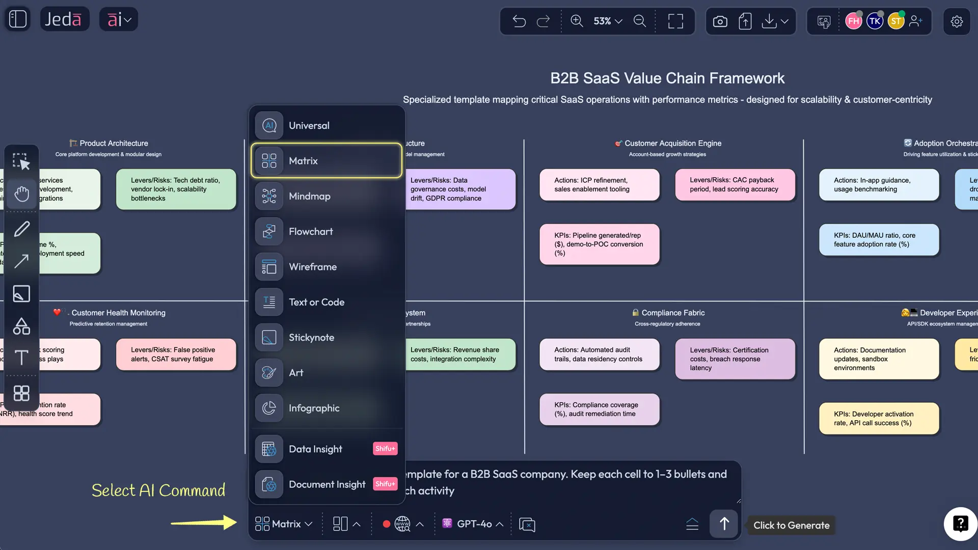 Jeda.ai AI Menu showing Value Chain Analysis recipe selection