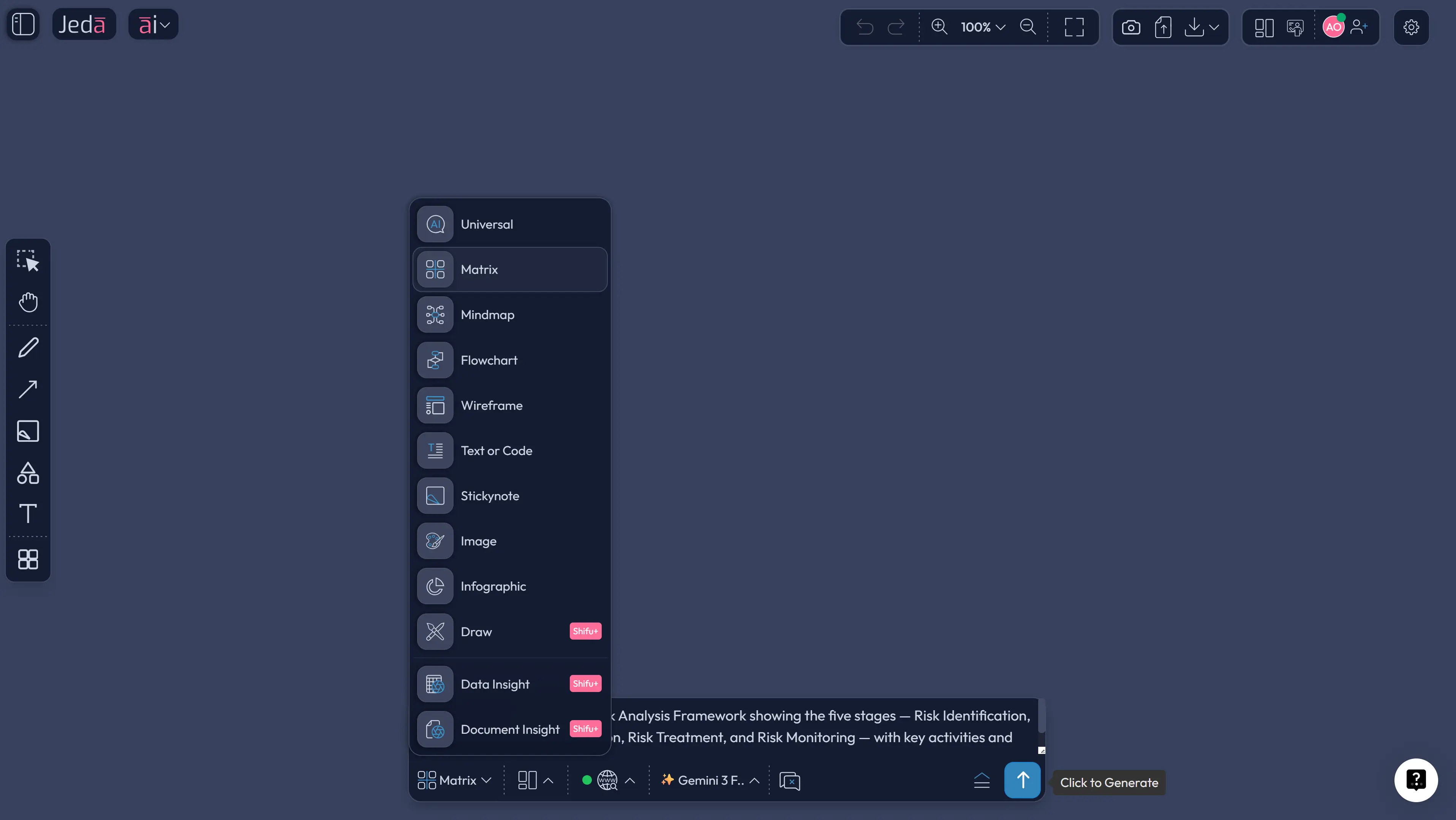 Jeda.ai Prompt Bar showing Matrix command for risk analysis
