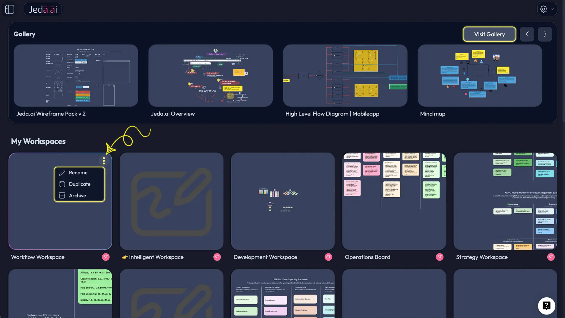 Jeda.ai dashboard with New Workspace button, My Workspaces grid, and gallery section