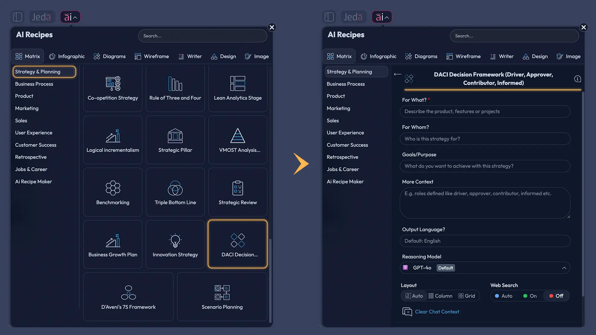 Jeda.ai AI Menu showing Matrix Recipes for DACI