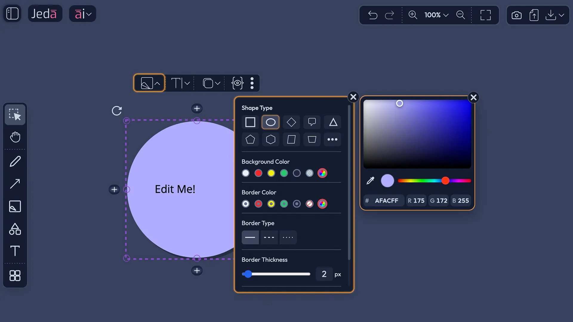 Shape/Style Panel showing shape type options, background color, and border color controls