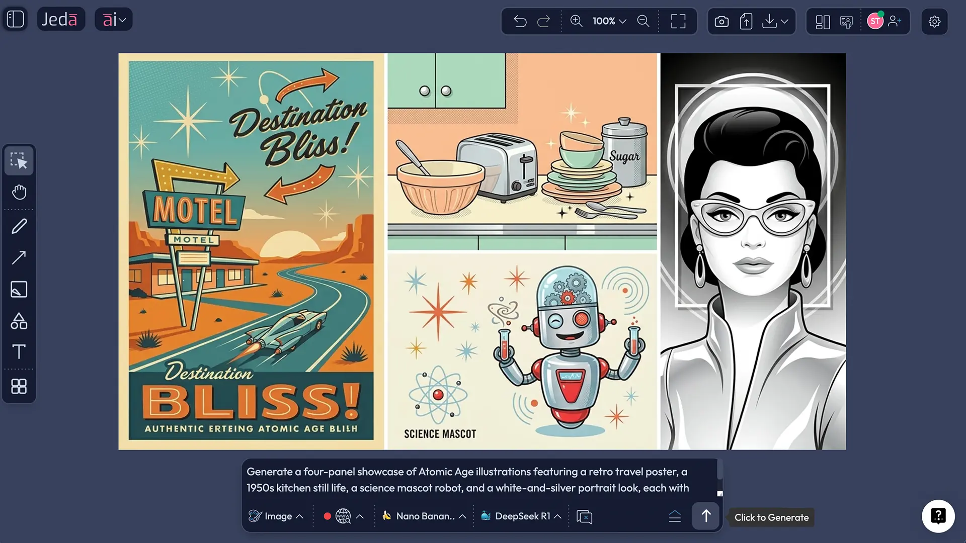 Multiple Atomic Age illustration outputs in Jeda.ai