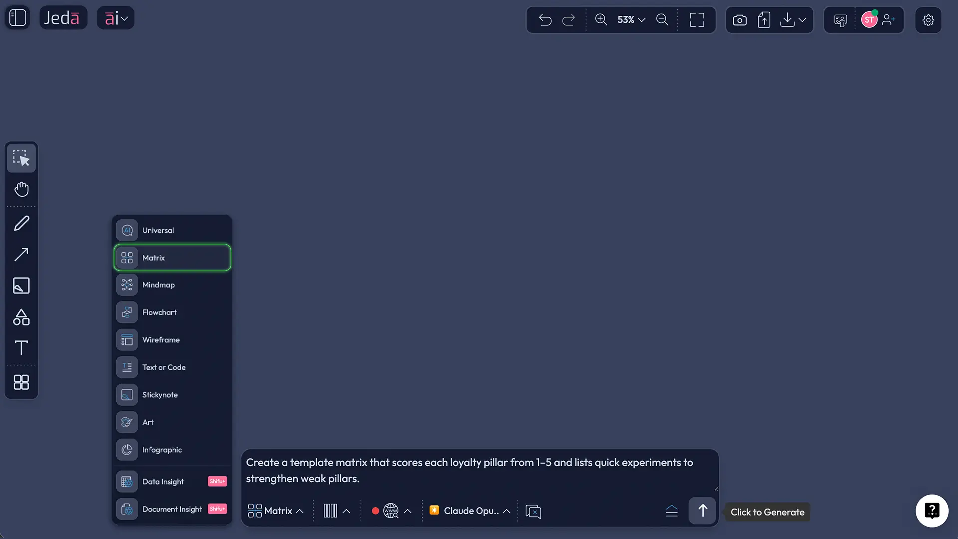 Prompt Bar showing Matrix command for customer loyalty analysis