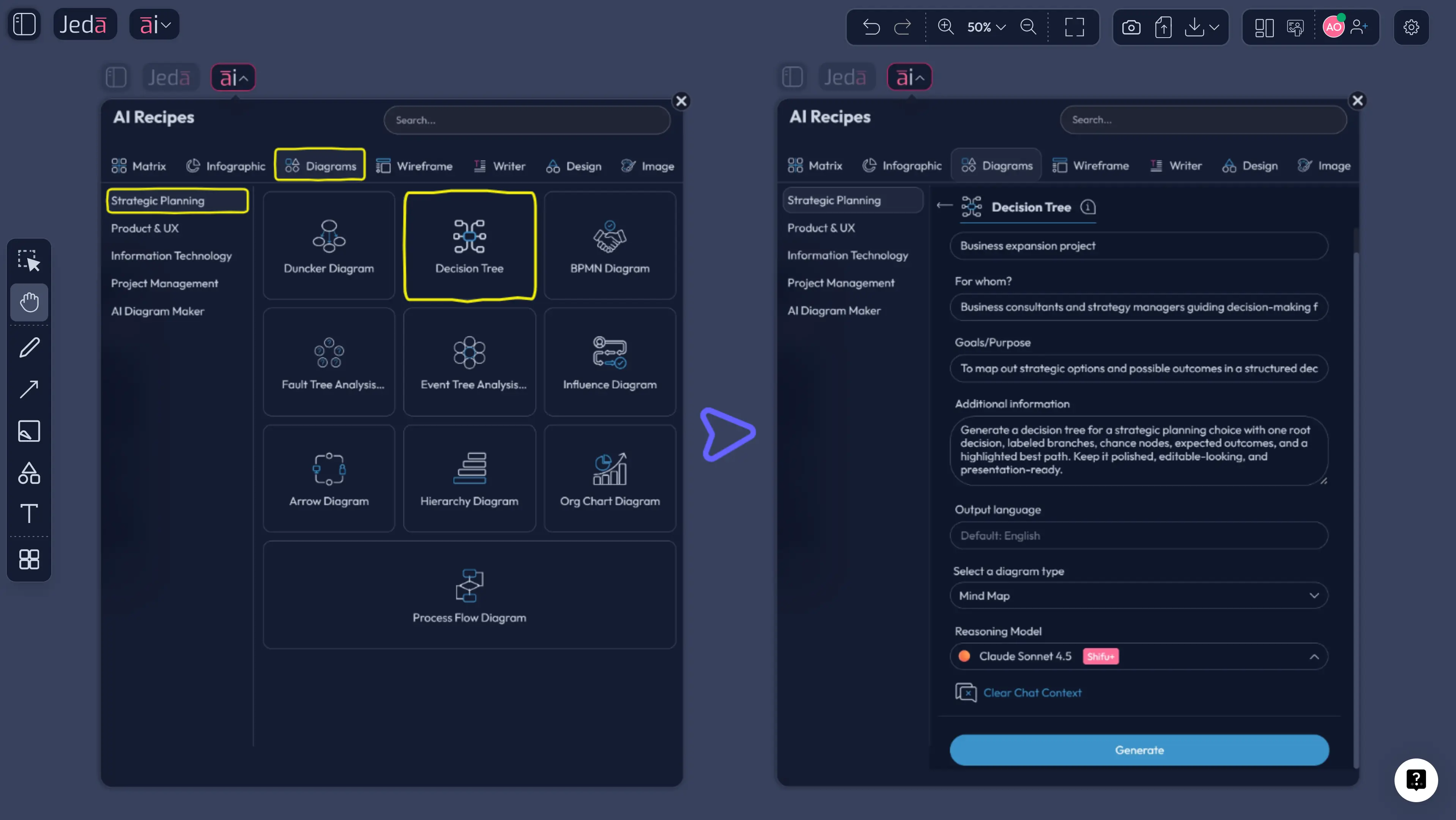 Decision Tree with AI recipe menu in Jeda.ai