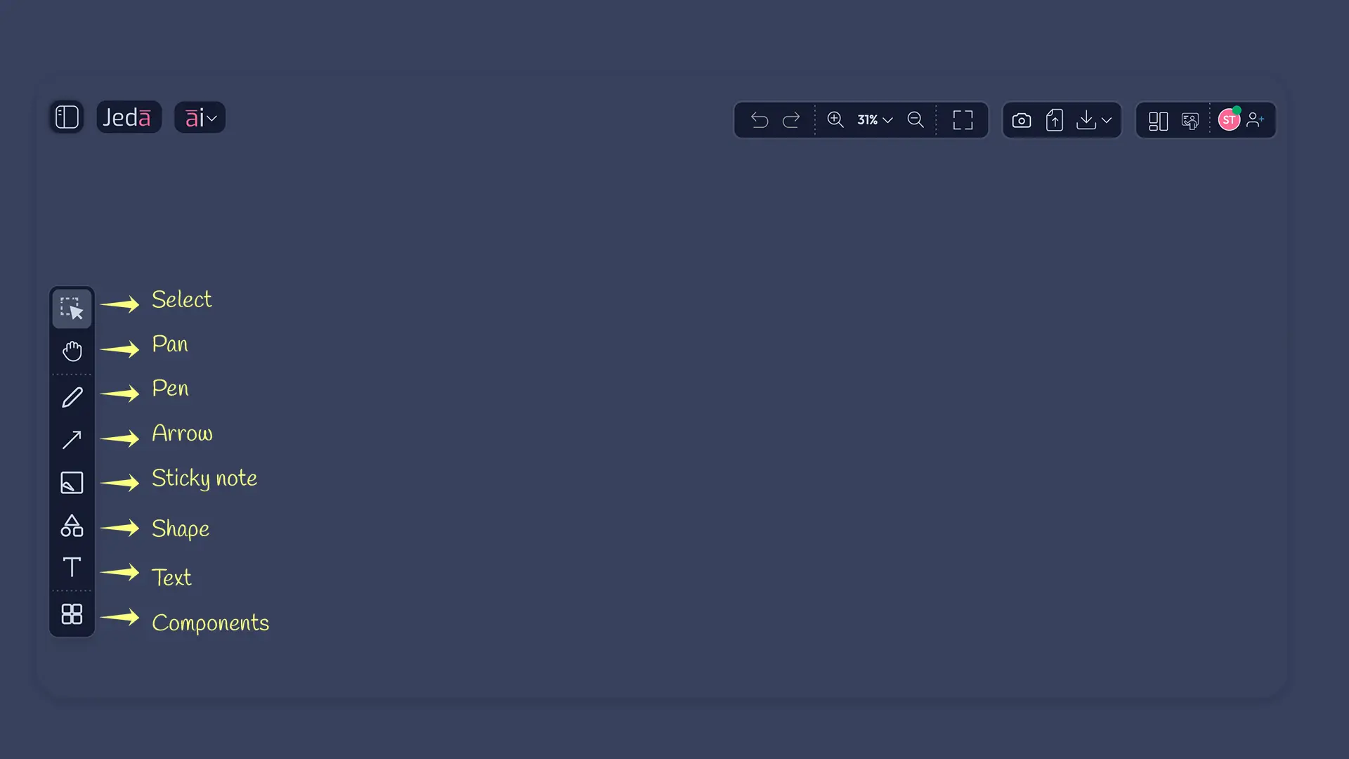 Five interface zones of Jeda.ai workspace: top-left navigation, top-right toolbar, left panel, left sidebar, bottom prompt bar