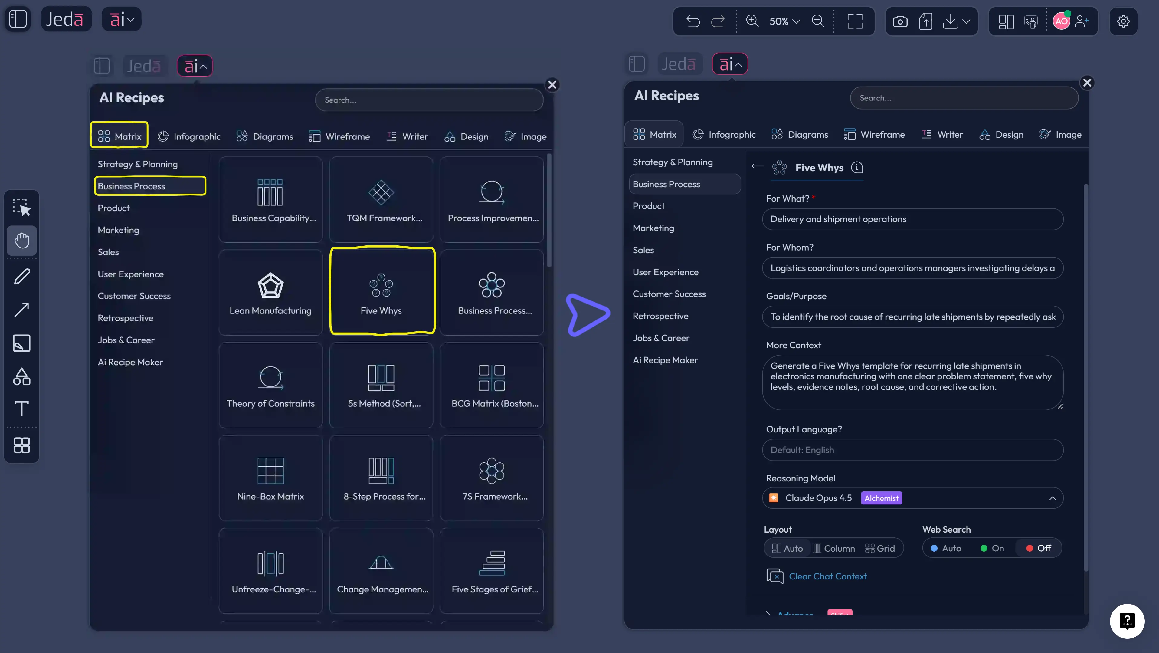 Five Whys template recipe matrix screenshot