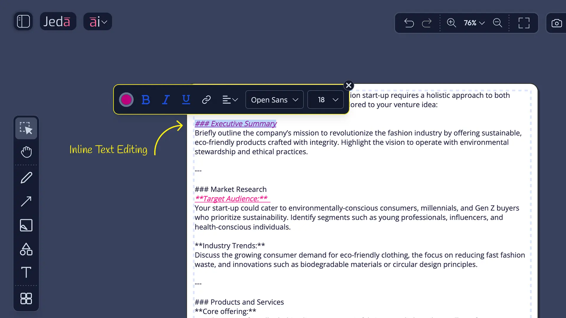 Inline text editing active on a Smart Shape with formatting toolbar showing font, size, color, and style options