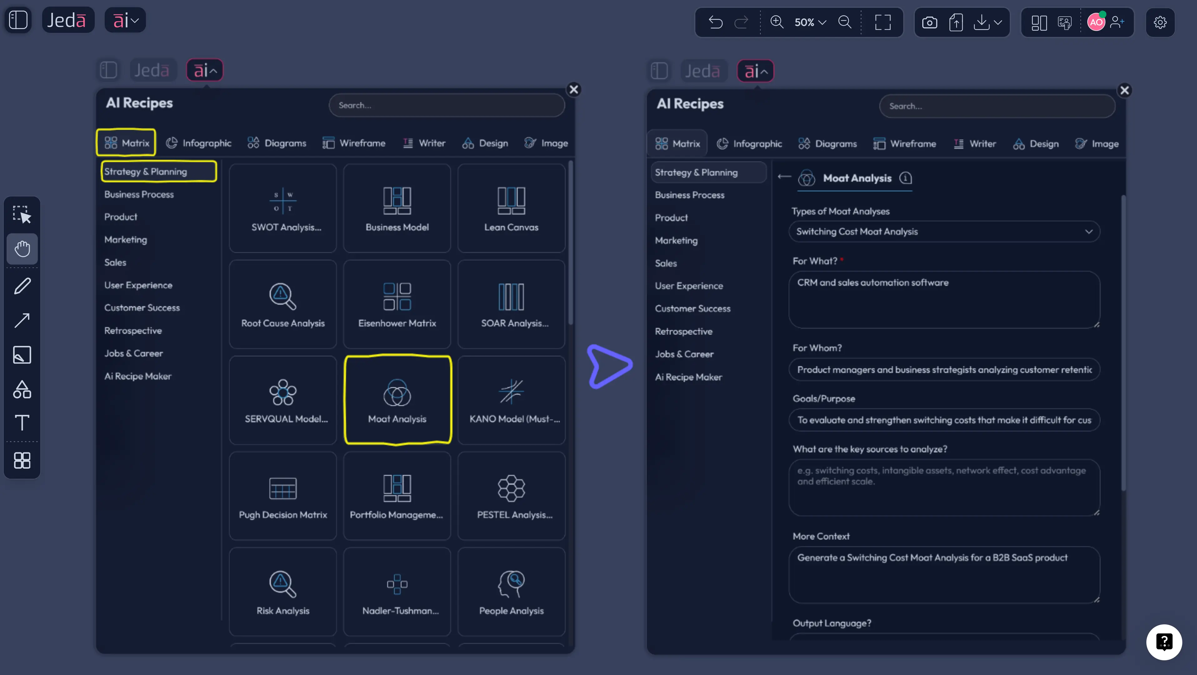 Moat Analysis template in Jeda.ai AI Menu