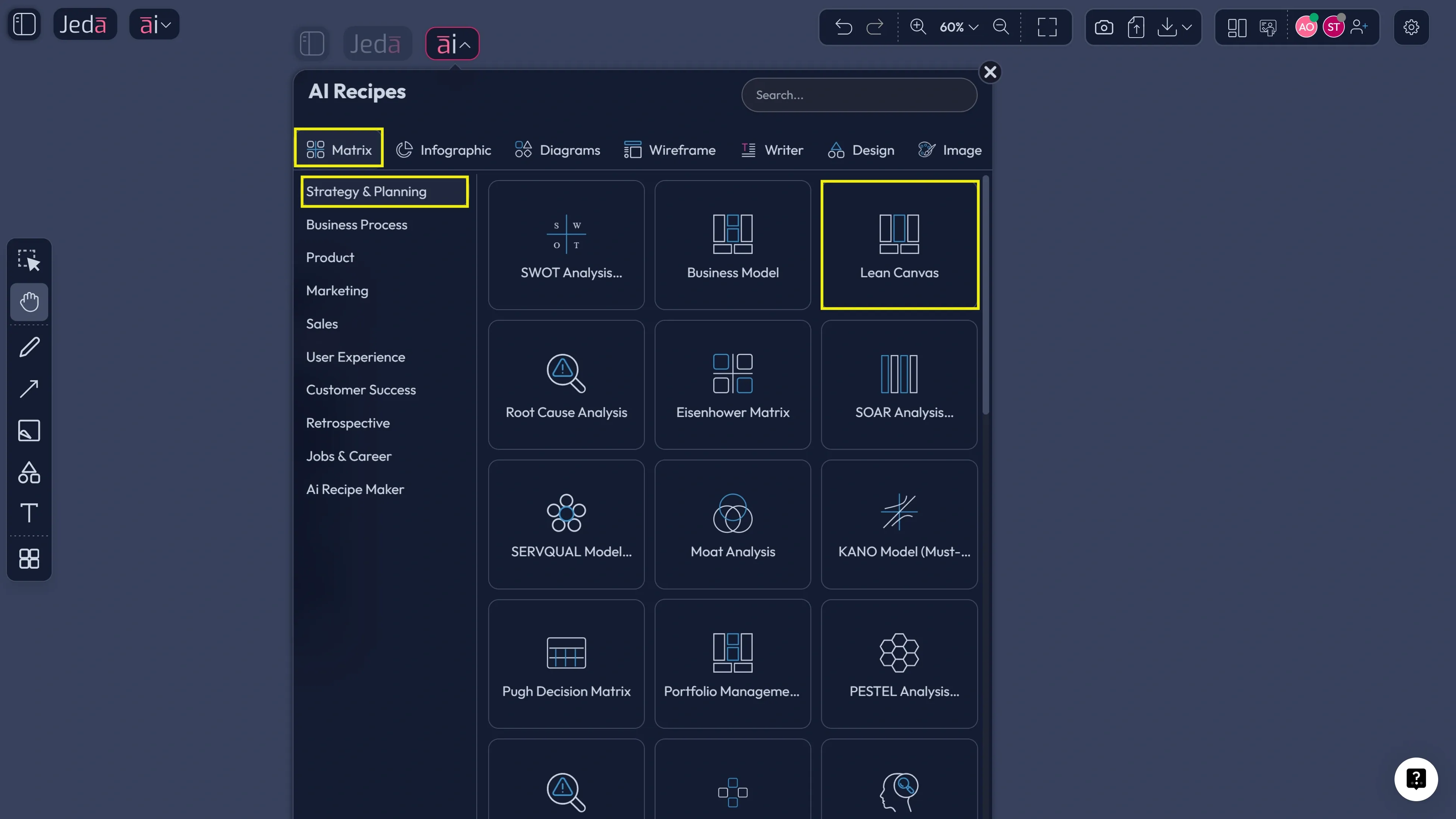 Jeda.ai AI Menu matrix recipes screenshot