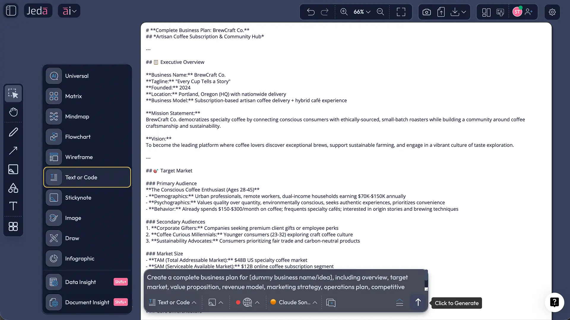 Prompt Bar for AI business plan generator in Jeda.ai