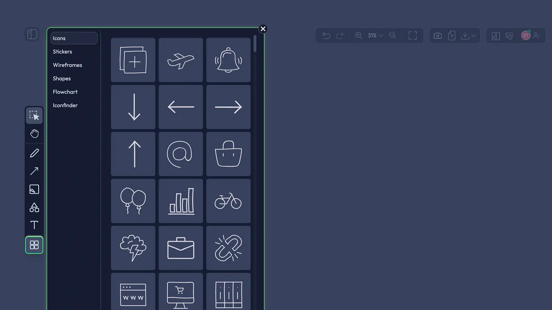 Components library panel showing all six categories: Icons, Stickers, Wireframes, Shapes, Flowchart, Iconfinder