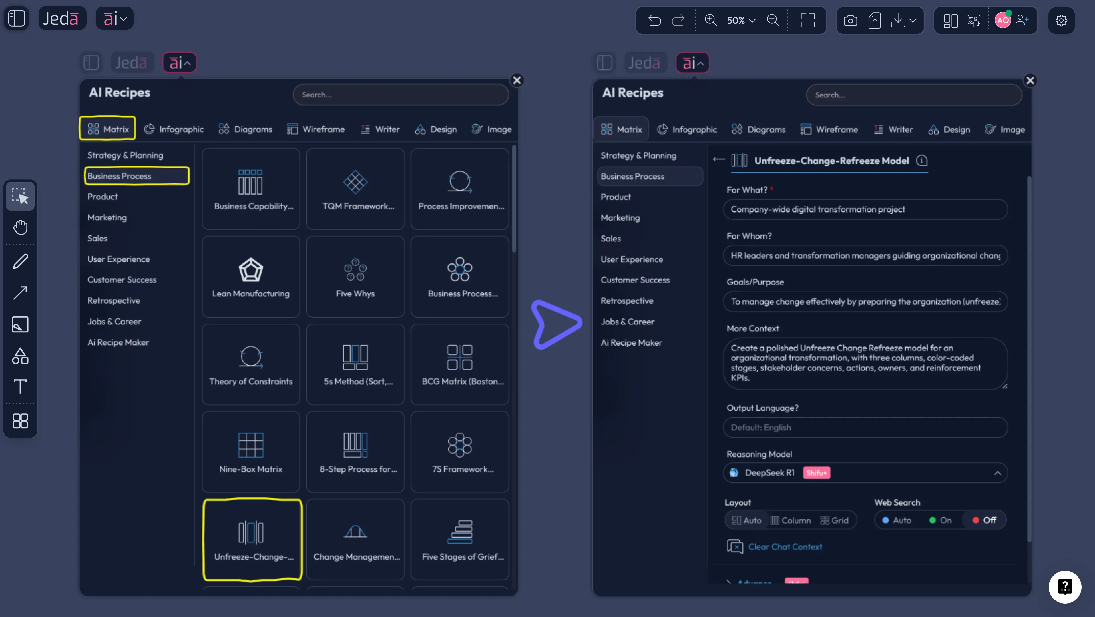 Jeda.ai Prompt Bar for Lewin change model