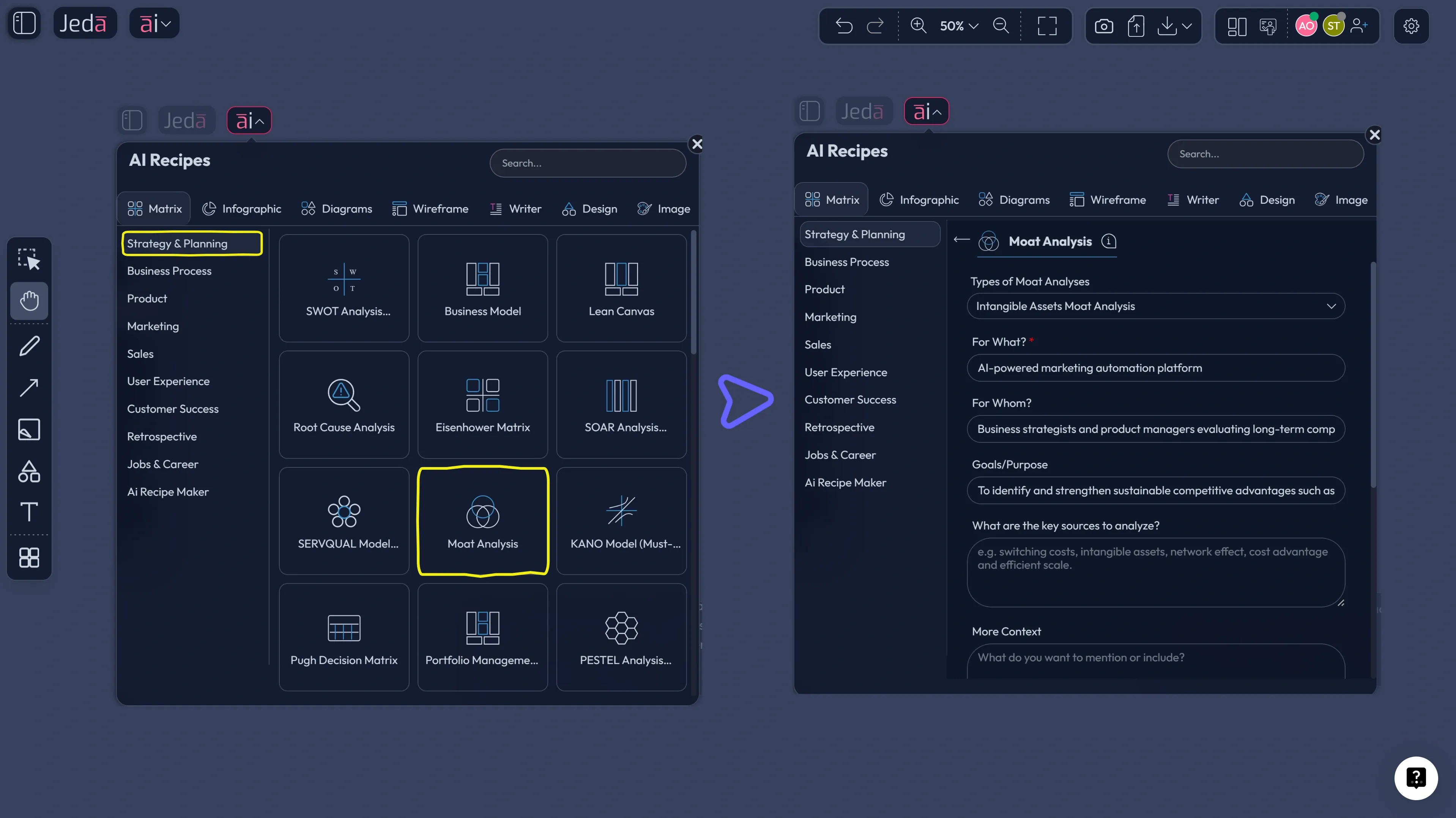Jeda.ai AI Menu matrix recipe screenshot