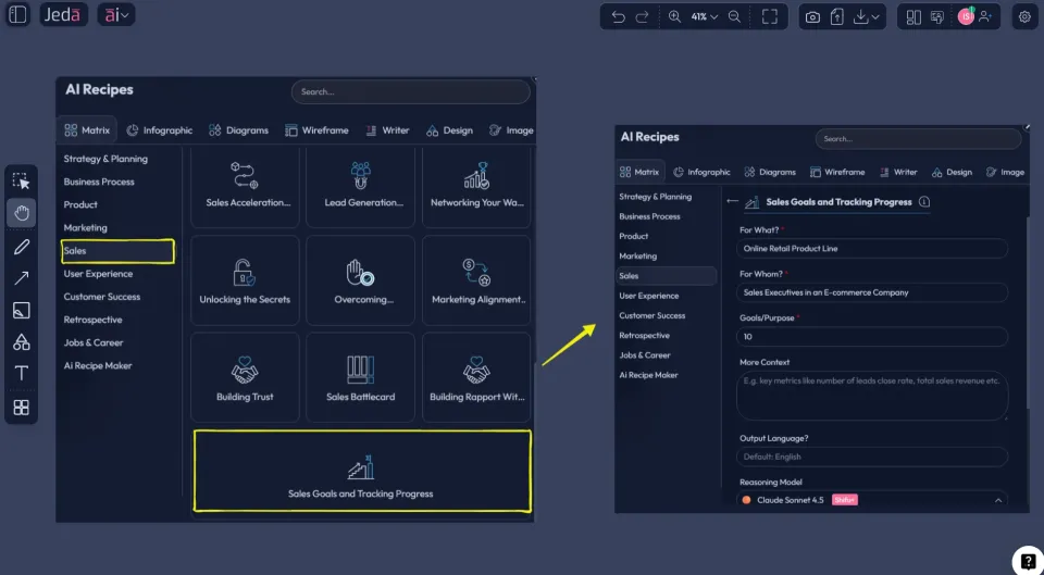 AI Menu sales goals tracking recipe in Jeda.ai