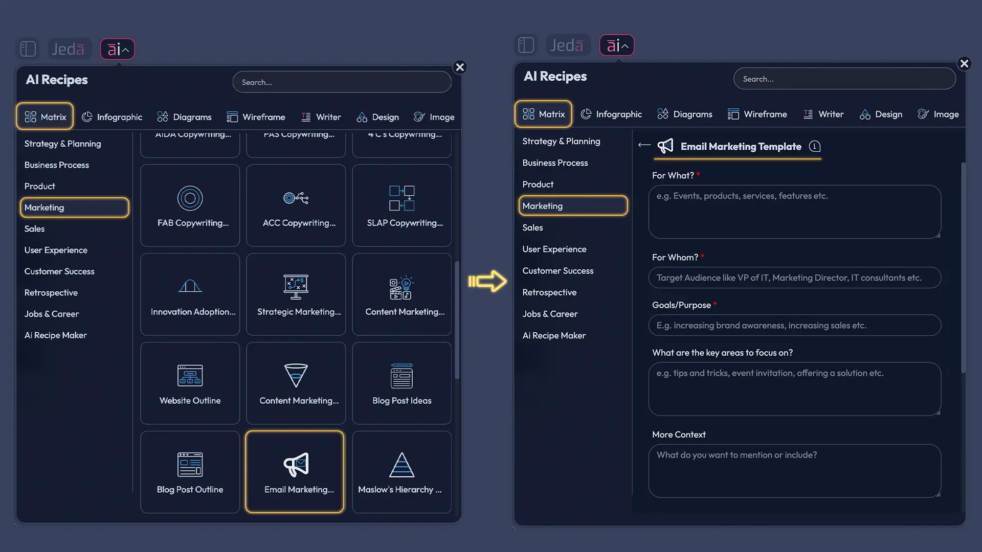 Jeda.ai AI Menu for email marketing templates