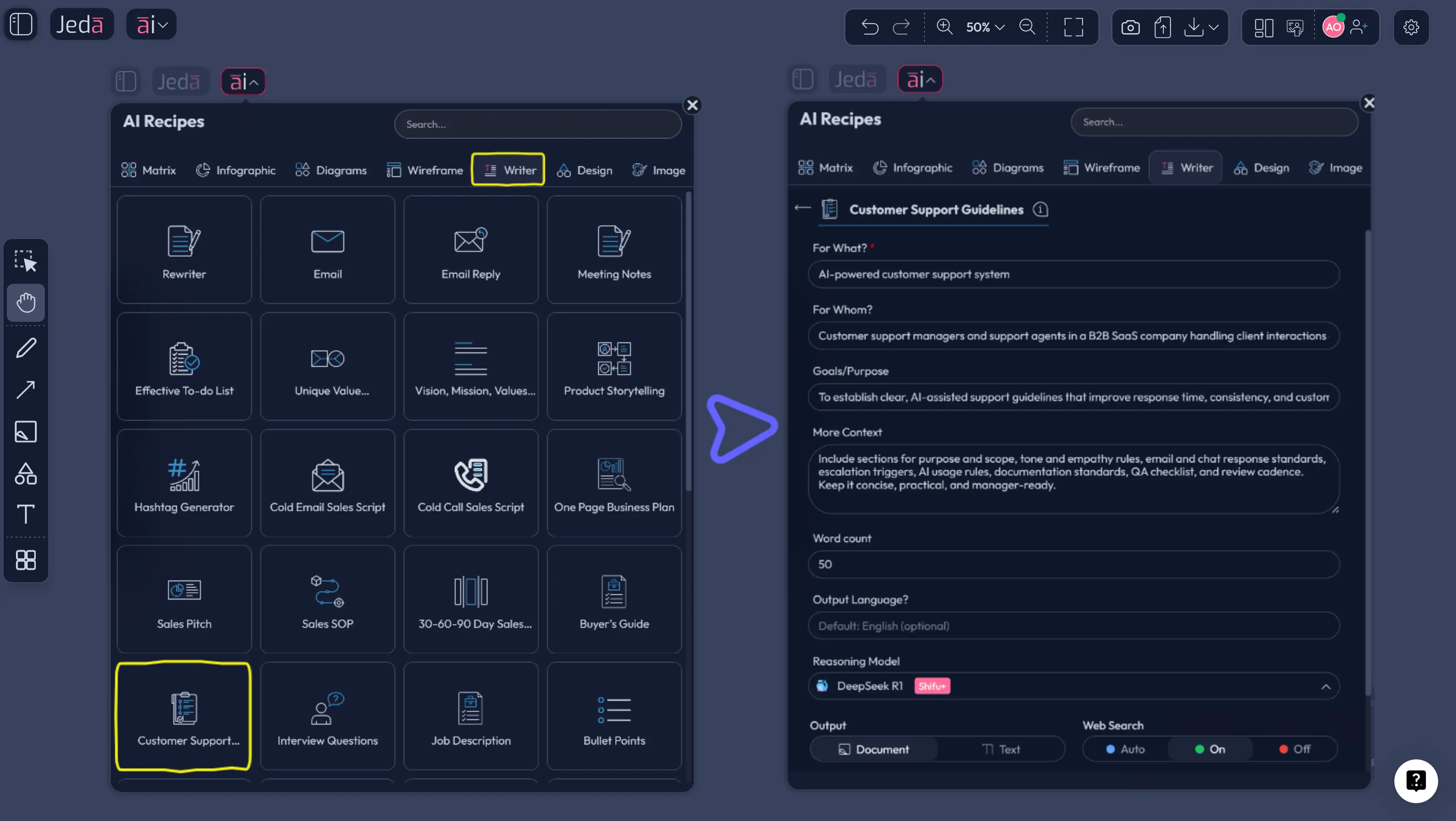 Jeda.ai writer recipe for customer support guidelines