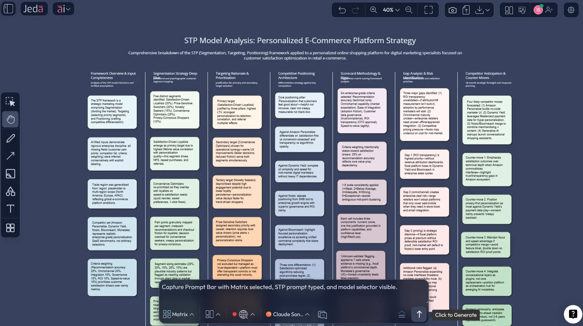 Jeda.ai Prompt Bar showing Matrix command for STP model