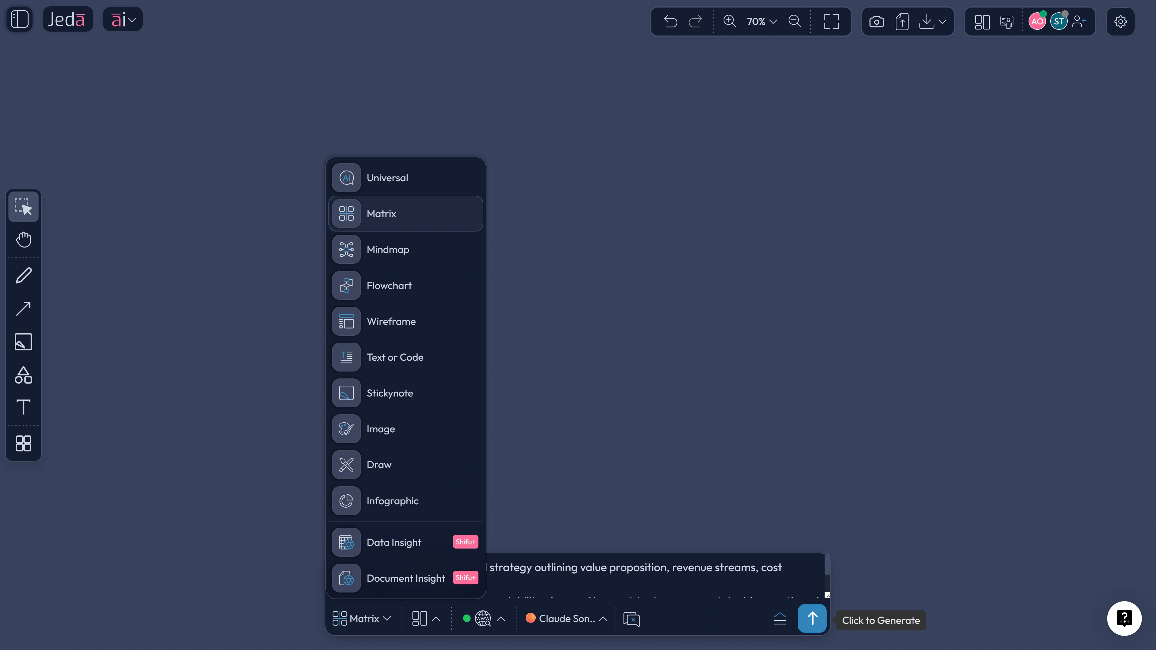 Prompt Bar showing Matrix command for business model