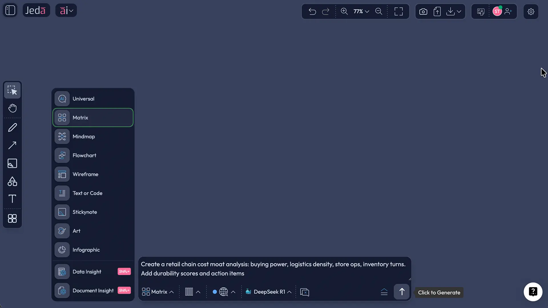 Jeda.ai Prompt Bar showing Matrix command for cost moat analysis