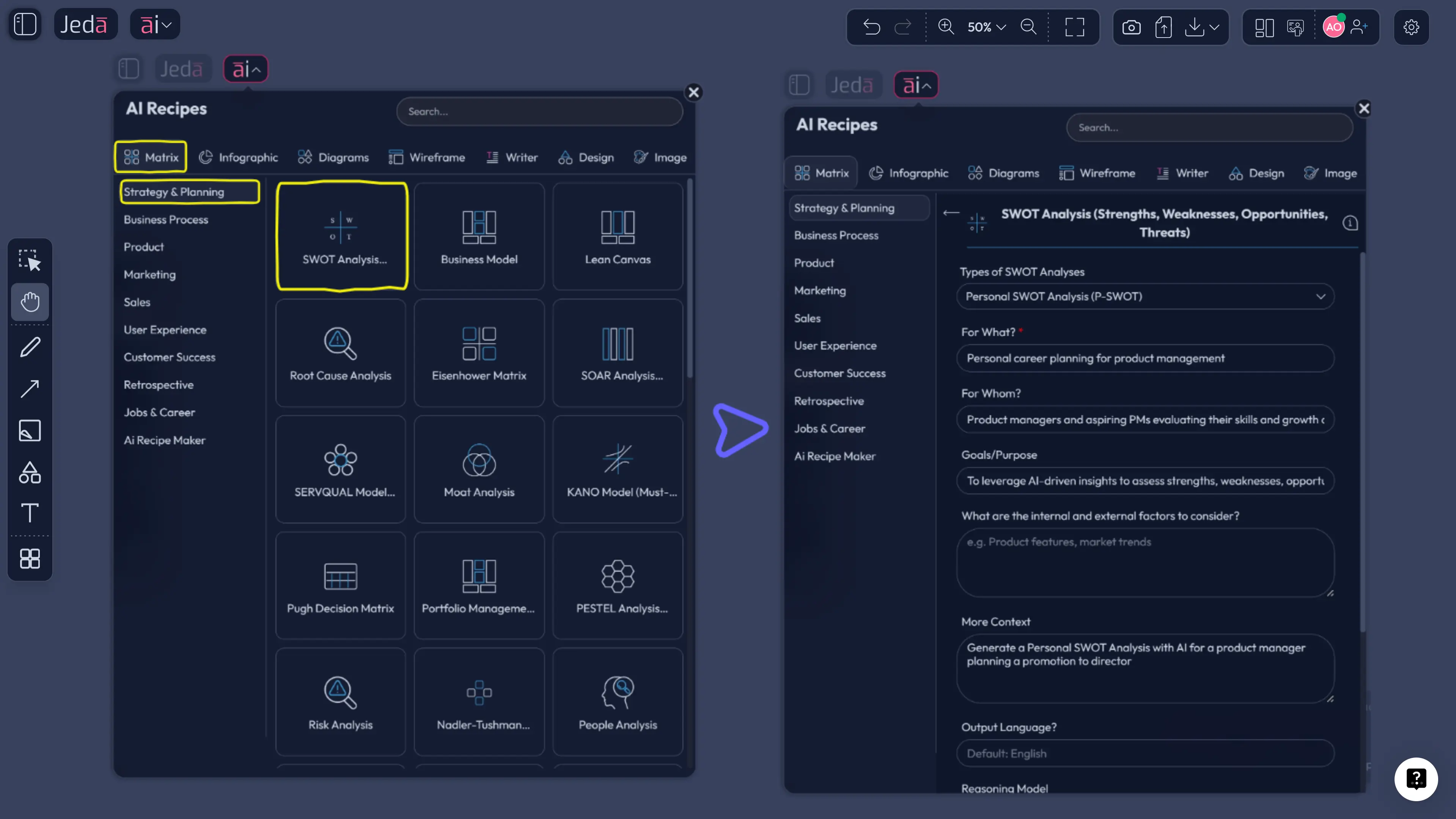 Jeda.ai Personal SWOT recipe matrix screen