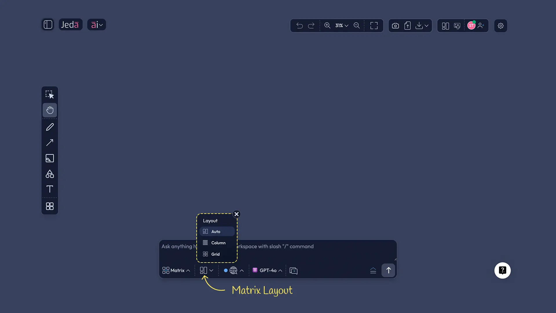 Matrix Layout Selector showing Auto, Column, and Grid rendering options