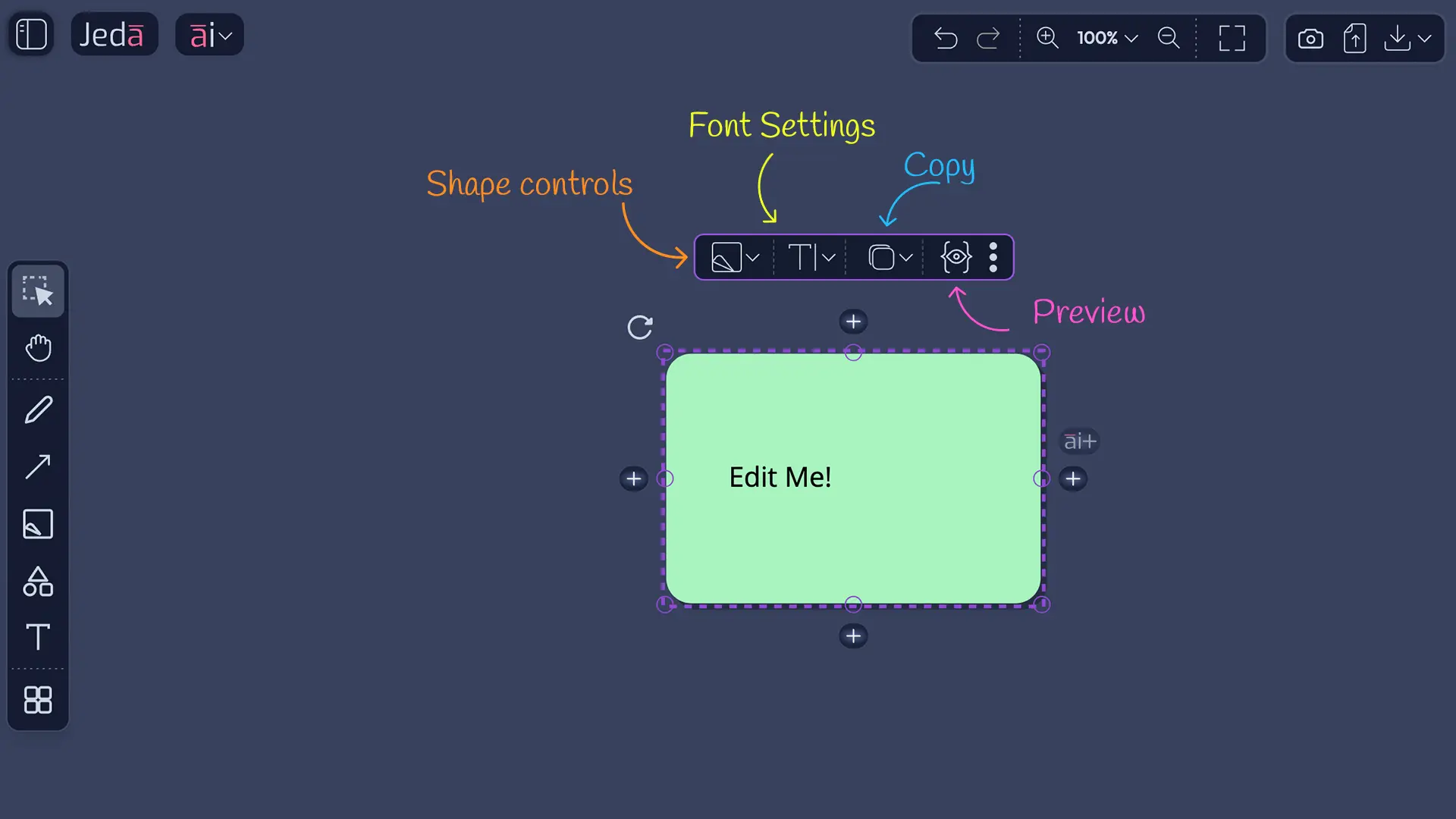 Smart Shape Floating Toolbar showing Shape/Style, Text, Duplicate, Preview, and More Options buttons