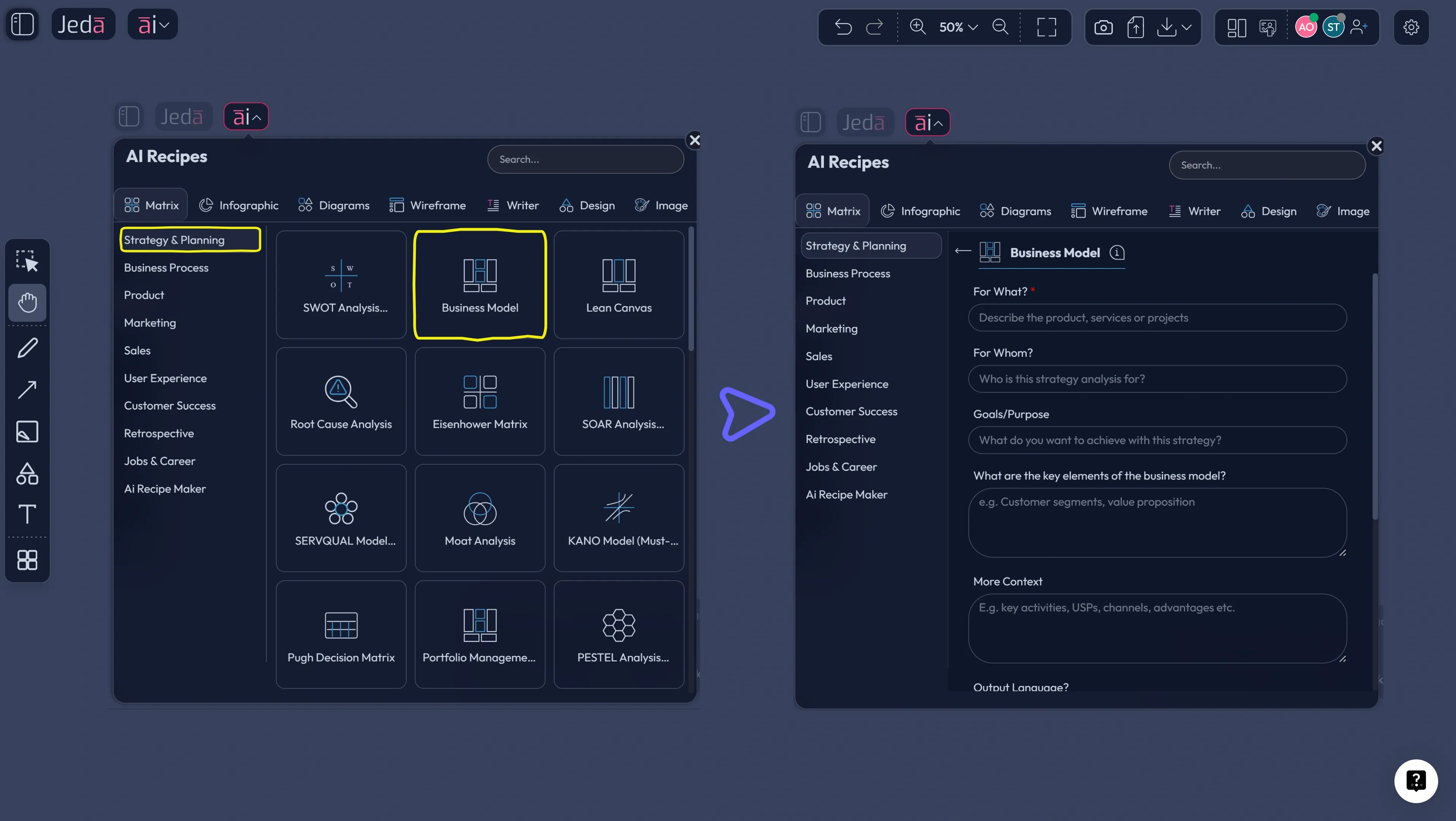 Jeda.ai AI Menu Matrix recipe selection