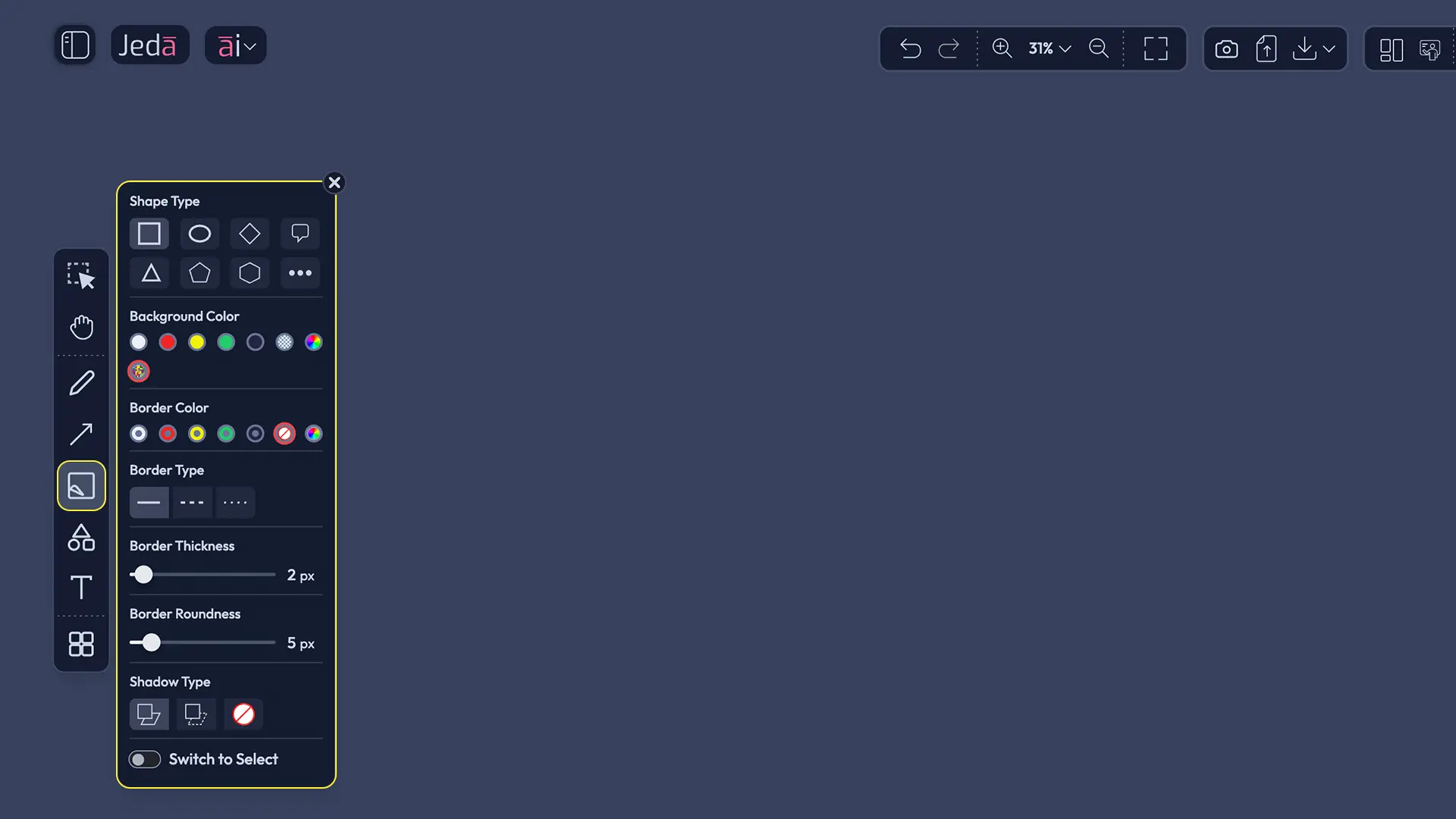 Smartshape library showing shape type selector and customization options for border, color, fill, and shadow