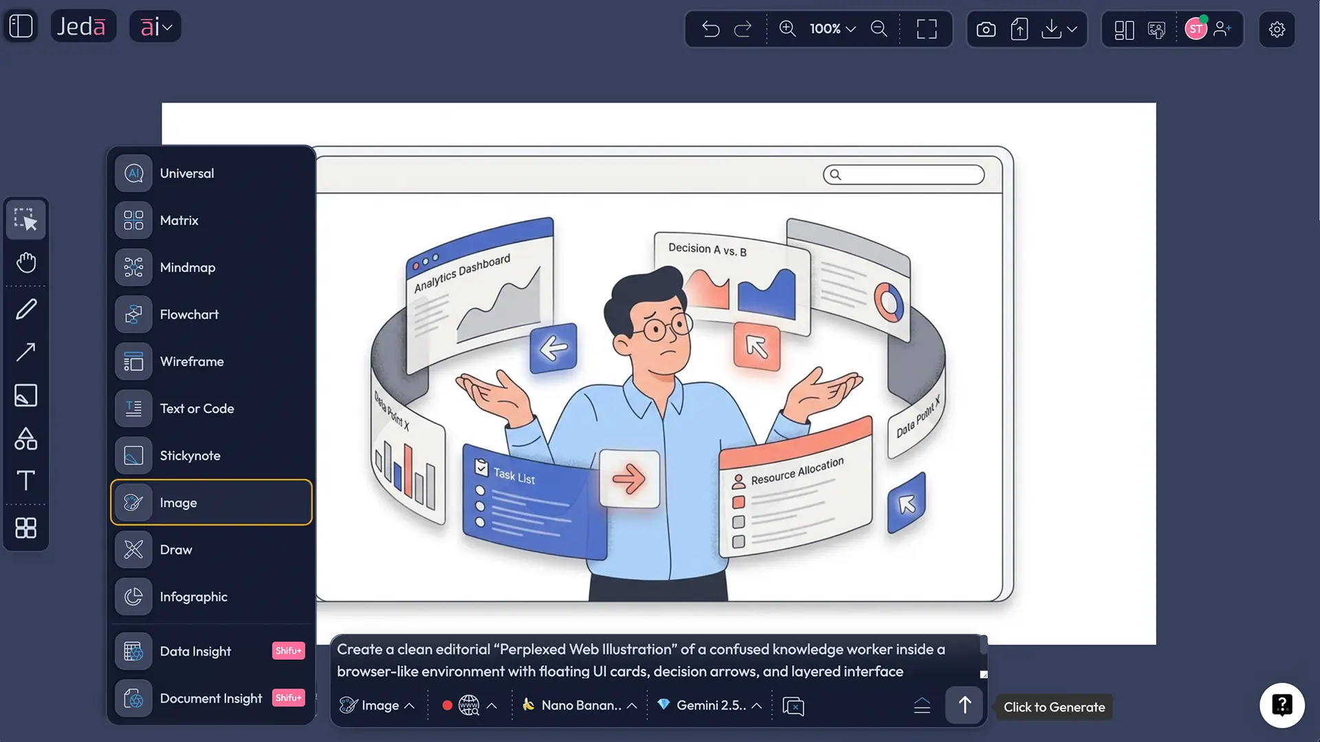 Jeda.ai prompt bar for perplexed web illustration