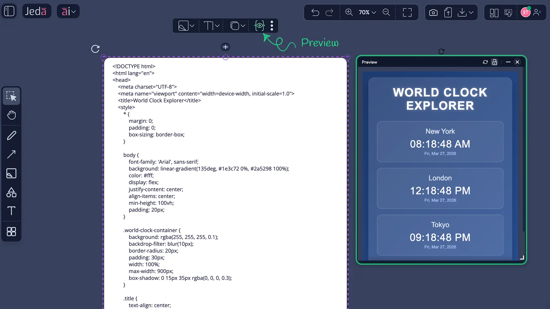 Jeda.ai-generated interactive mortgage calculator widget showing input fields for principal, rate, and years, with live calculation output