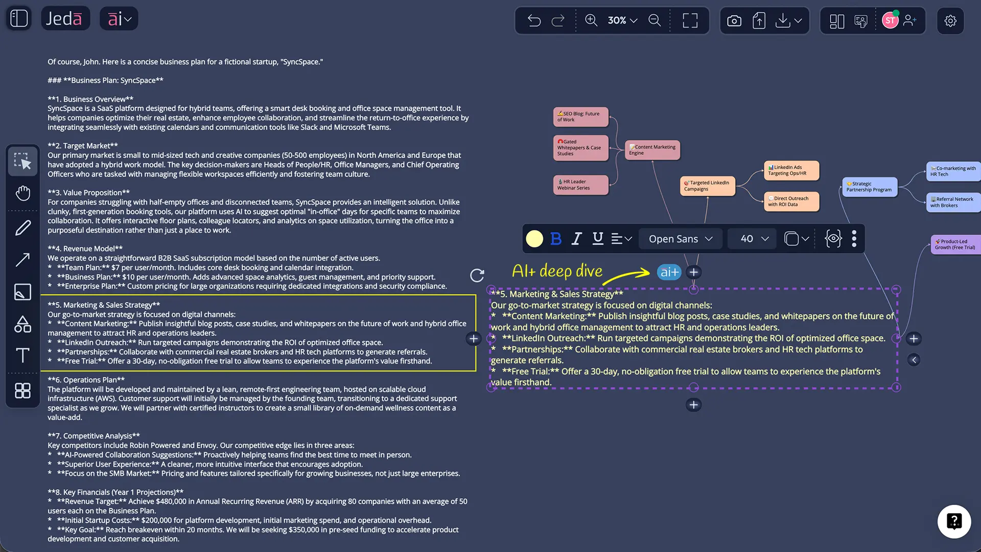 One-page business plan example visual in Jeda.ai
