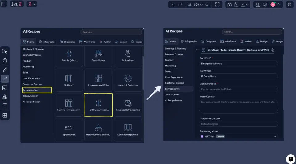 AI Menu GROW retrospective recipe in Jeda.ai