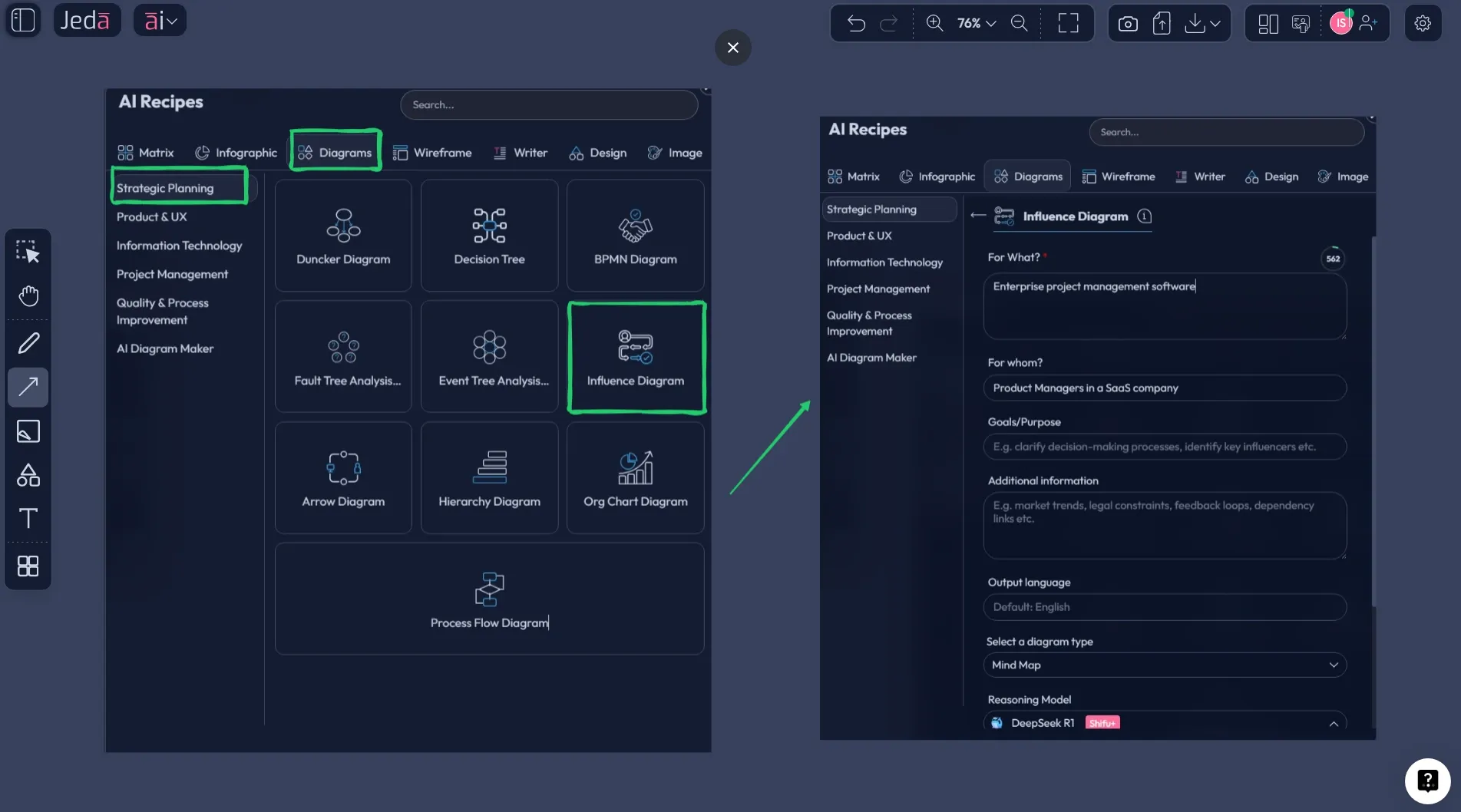 Influence Diagram with AI recipe workflow in Jeda.ai