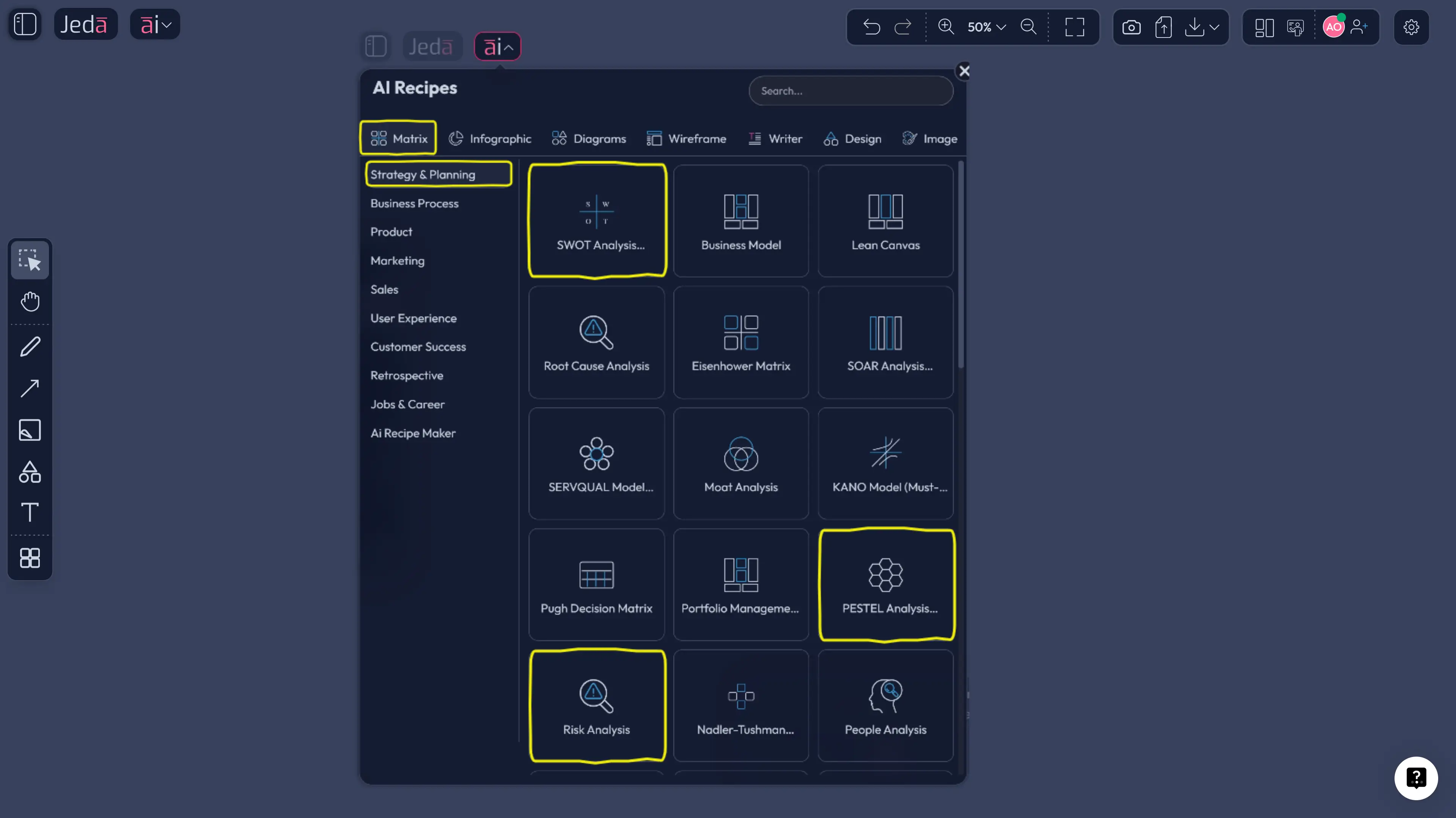 Matrix recipe setup for strategic analysis in Jeda.ai